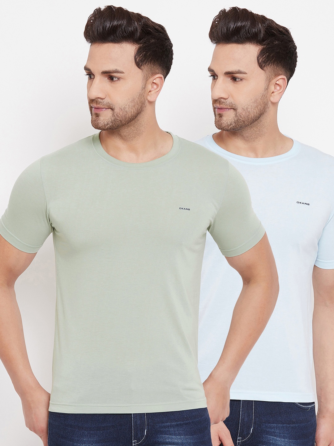 

Okane Men Pack of 2 Green & Blue Solid T-shirts