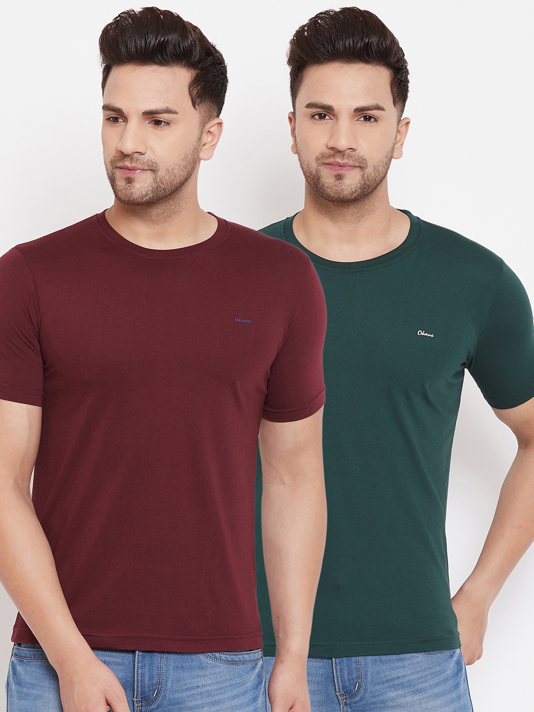

Okane Men Pack of 2 Maroon & Green Solid T-shirts