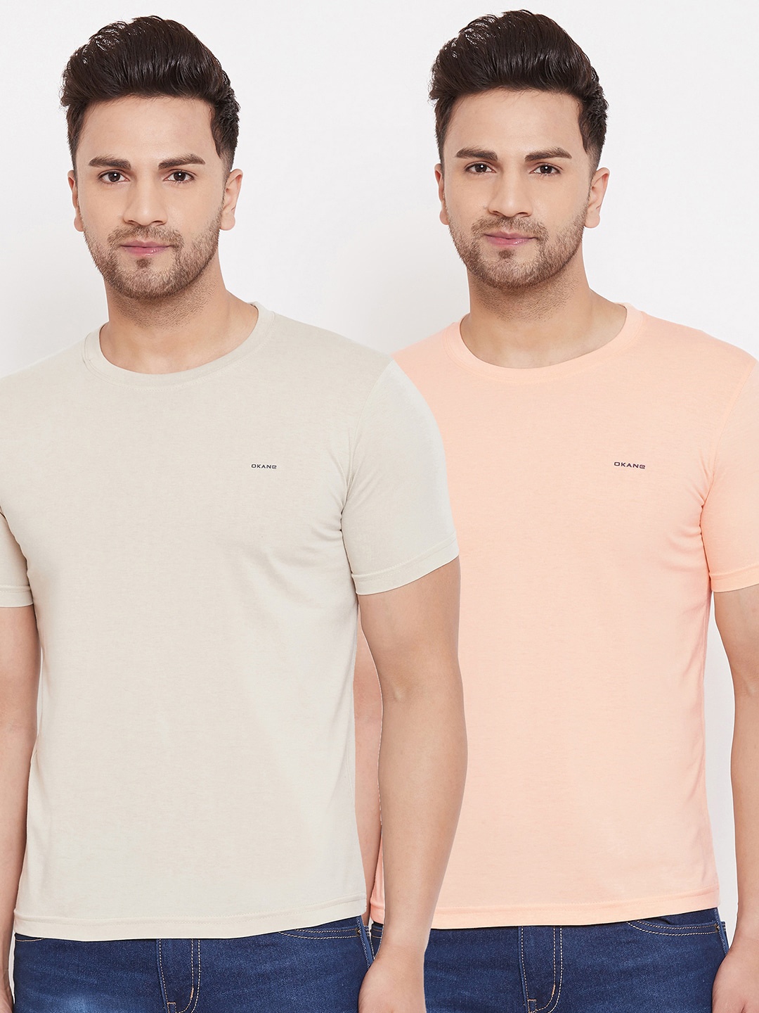 

Okane Men Pack of 2 Peach & Off-White Solid T-shirts