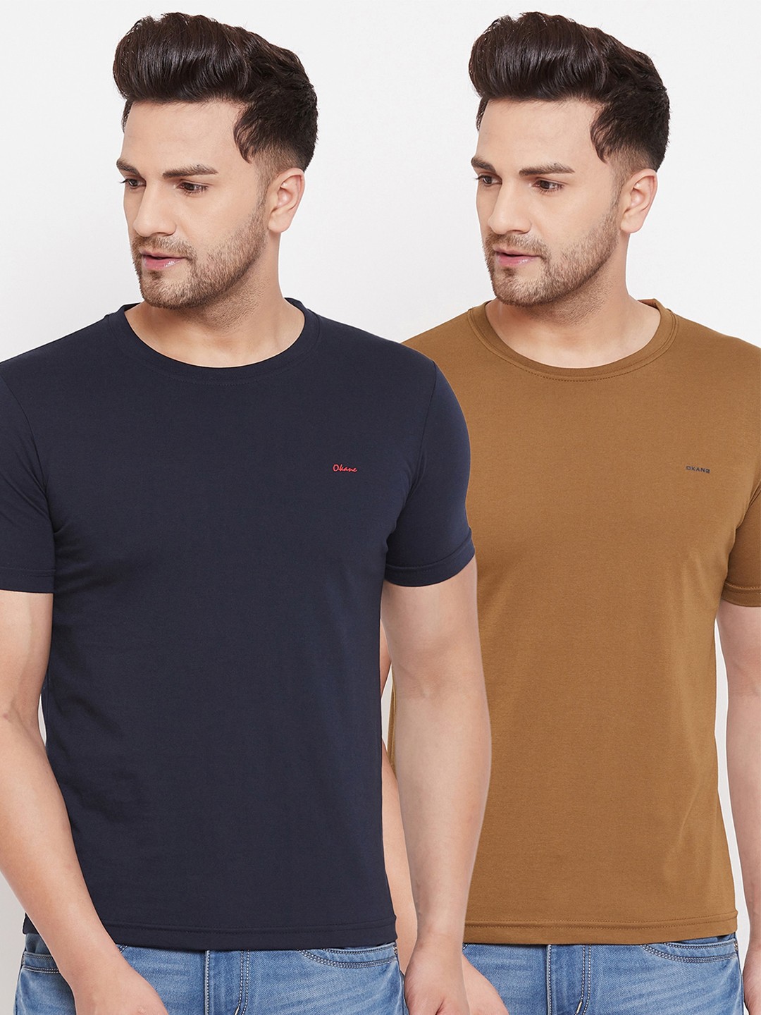 

Okane Men Pack of 2 Navy Blue & Brown Solid T-shirts