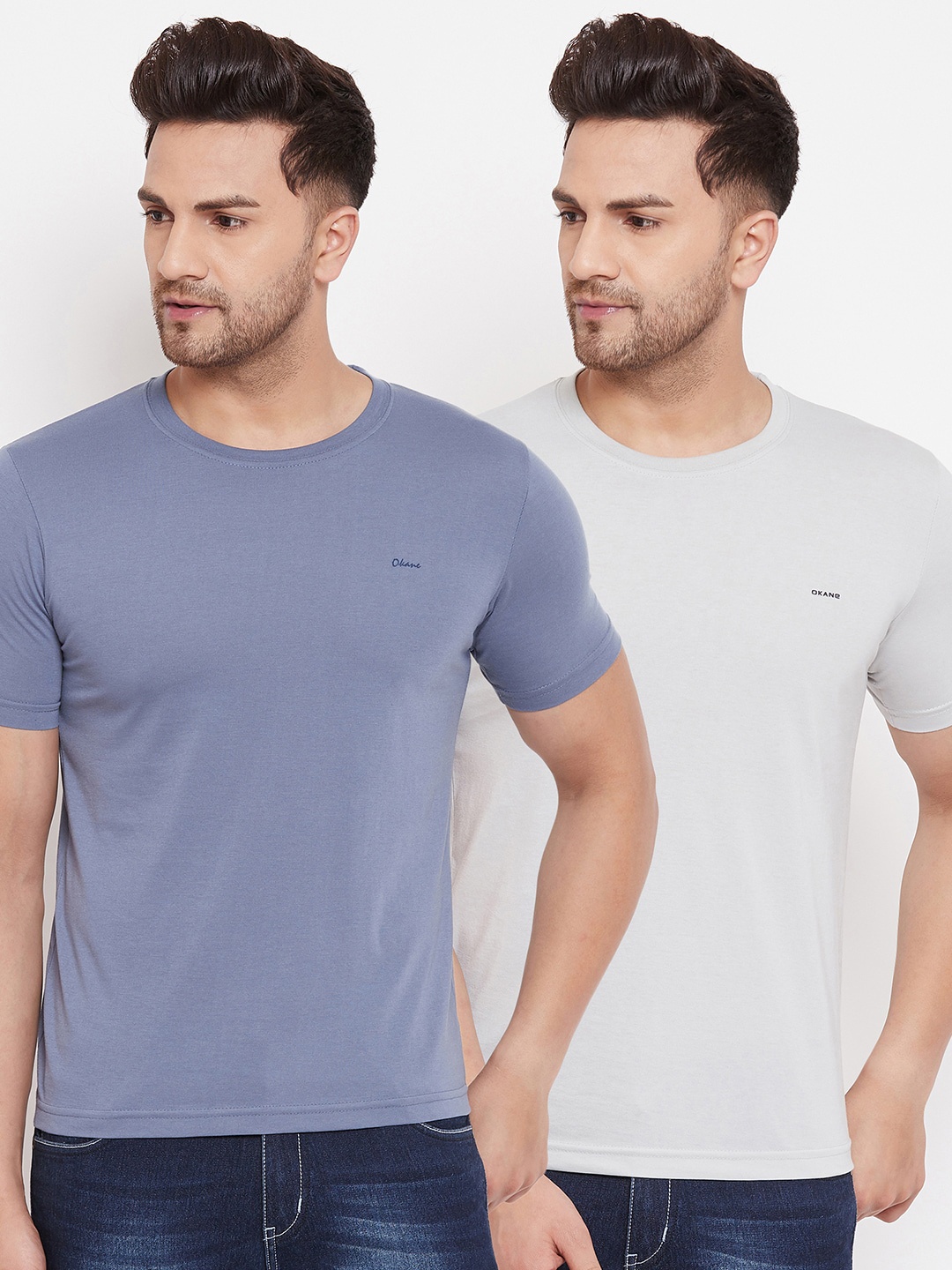 

Okane Men Pack of 2 Blue & Grey Solid T-shirts