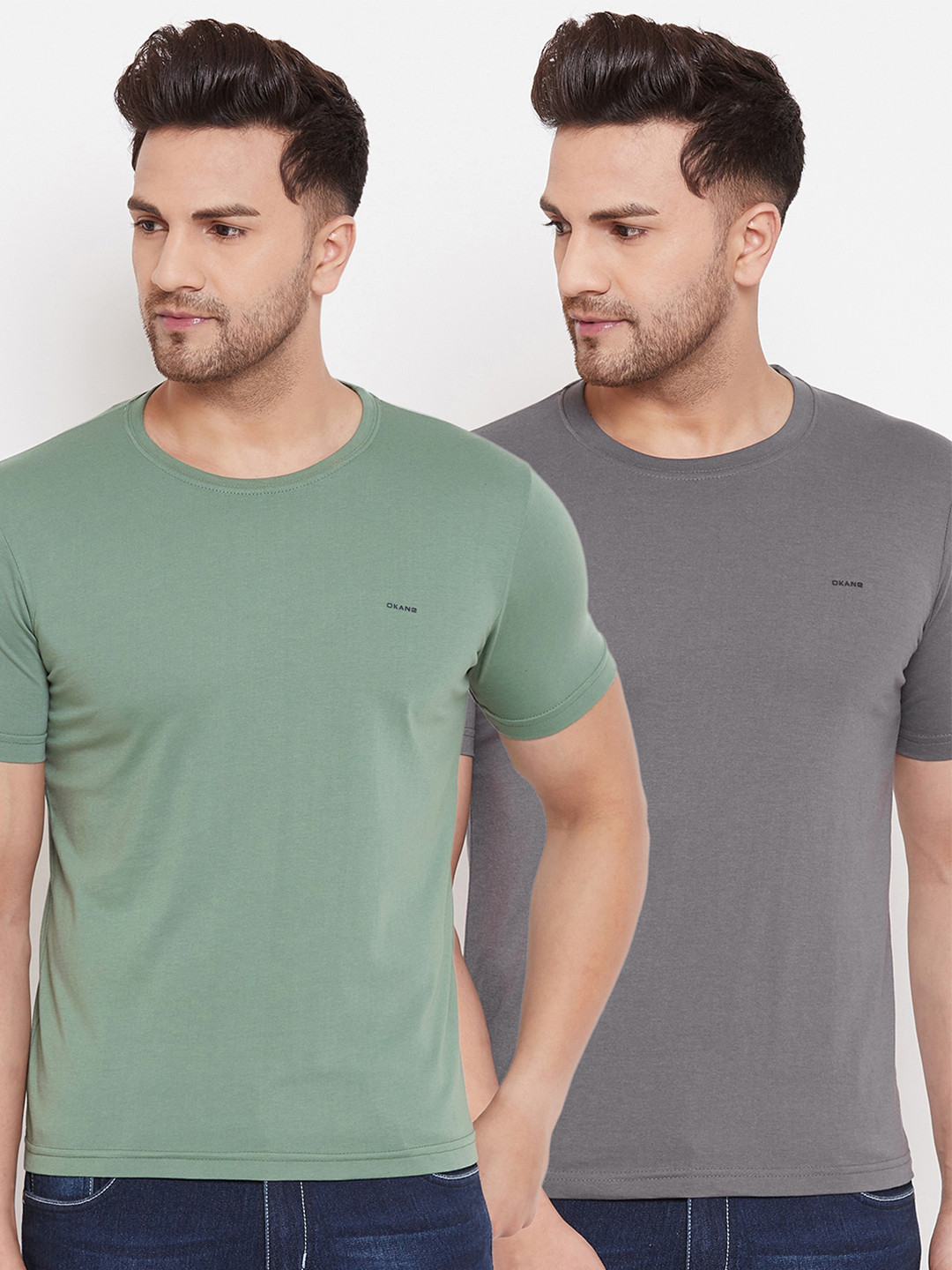 

Okane Men Pack of 2 Grey & Green Solid T-shirts