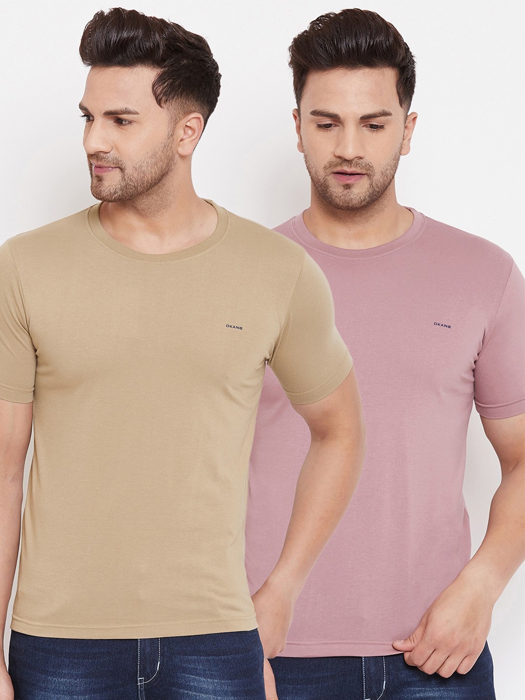 

Okane Men Pack of 2 Pink & Beige Solid T-shirts
