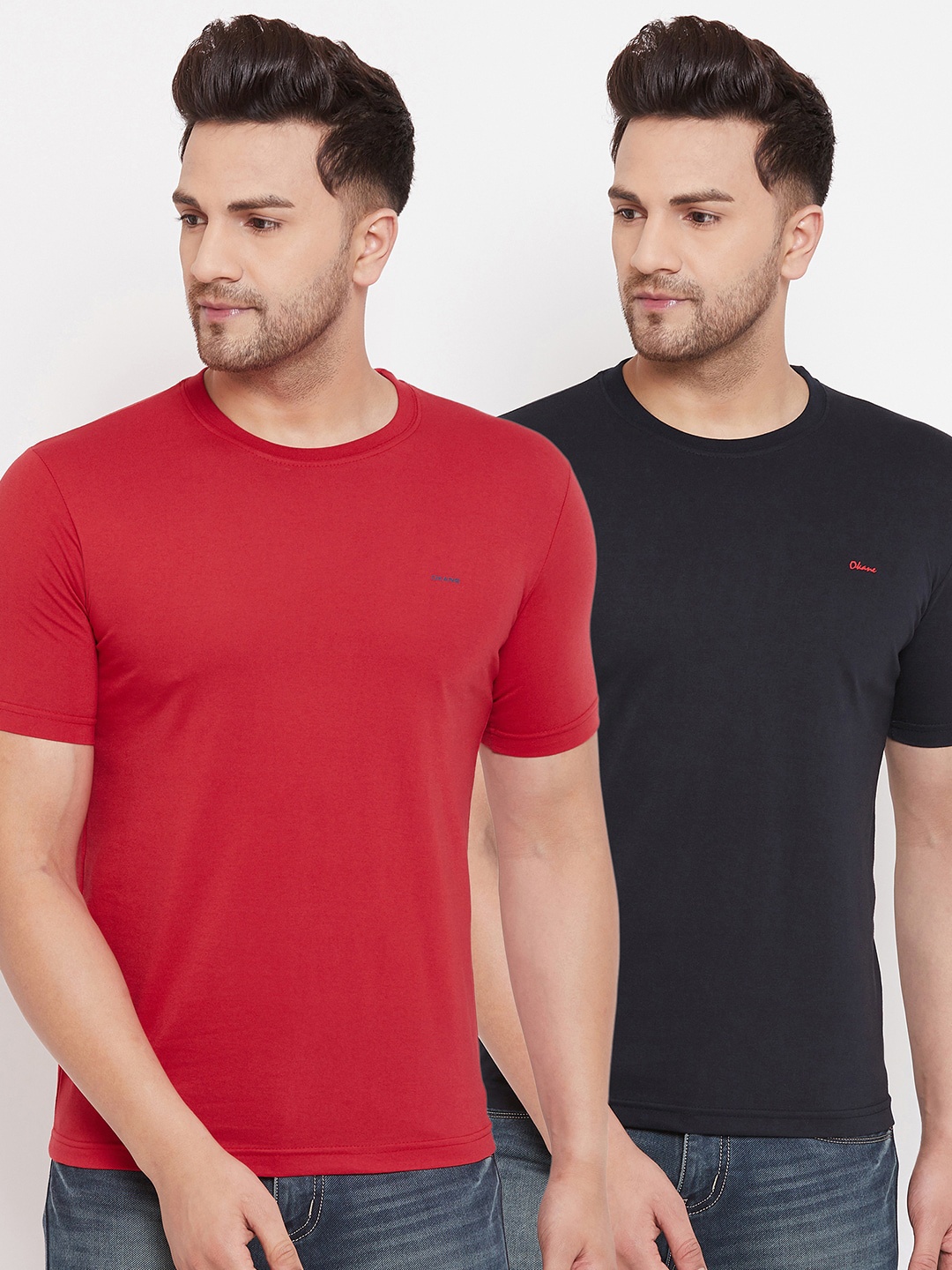 

Okane Men Pack of 2 Navy Blue & Red Solid T-shirts