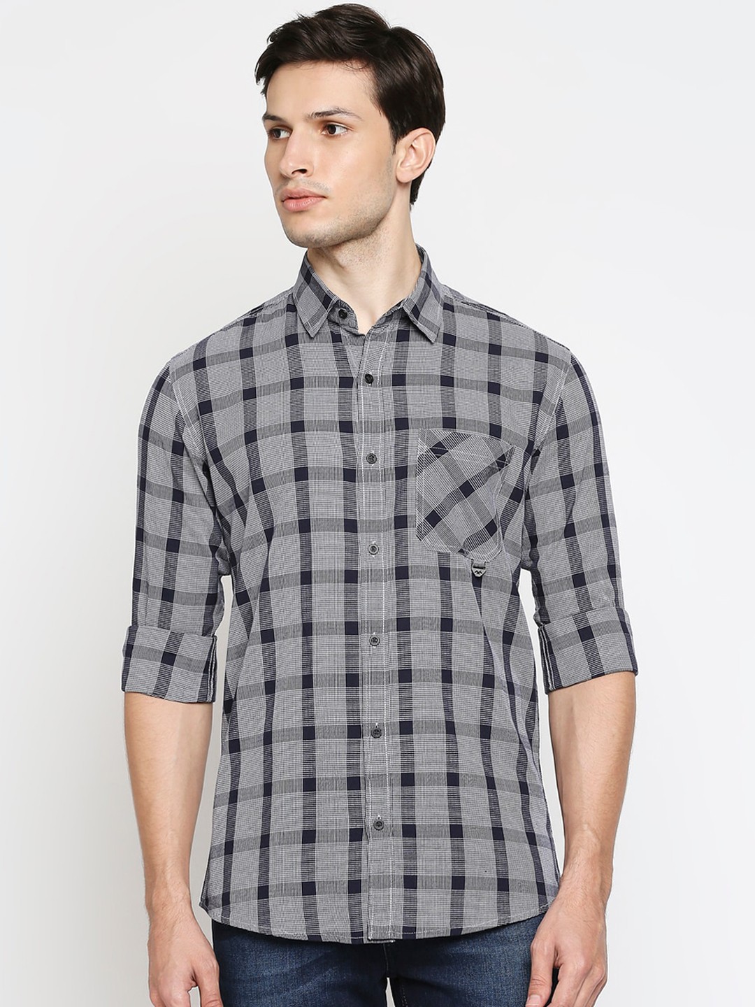 

Mufti Men Navy Blue Slim Fit Checked Casual Shirt