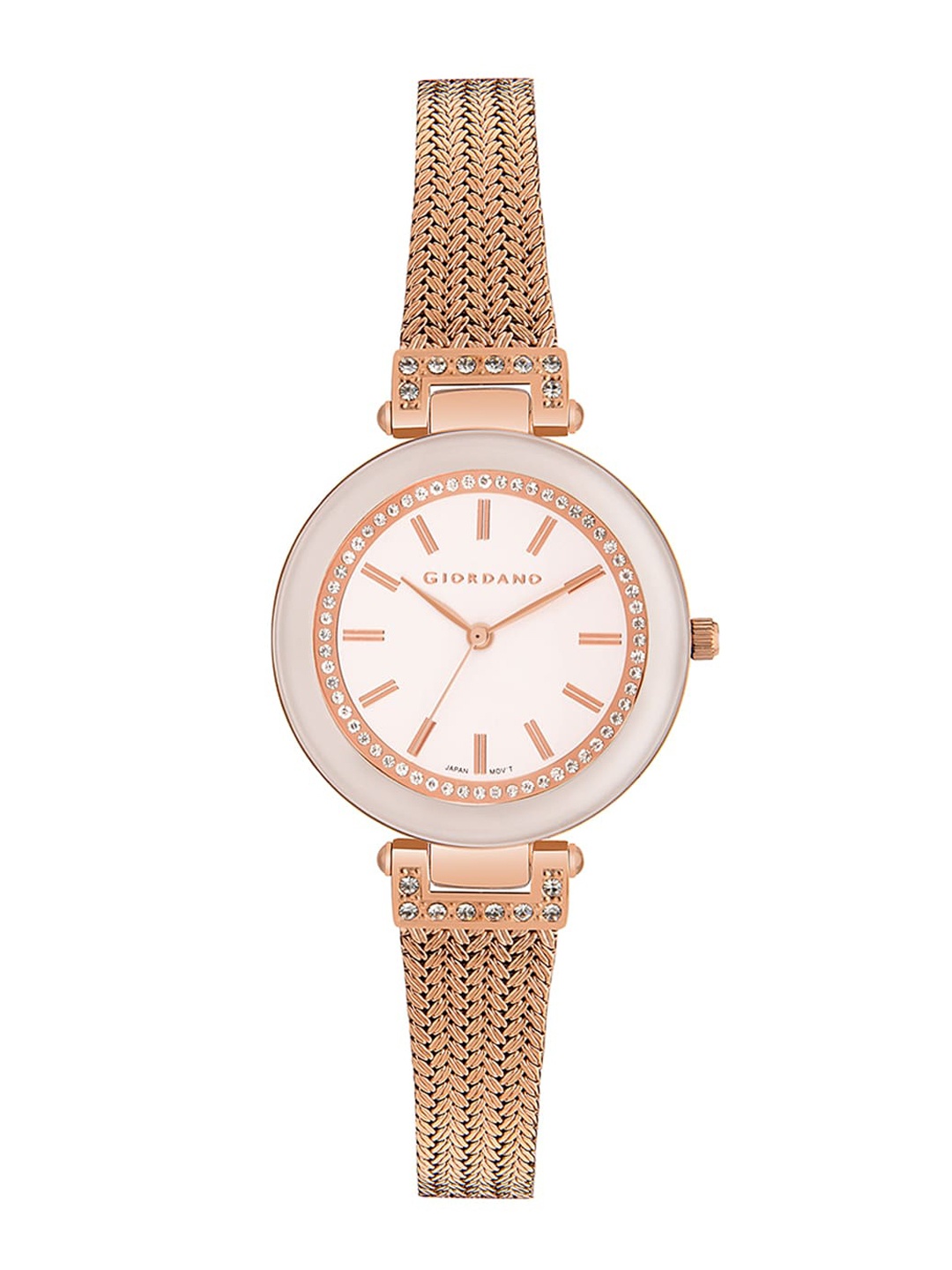 

GIORDANO Women White Embellished Dial & Rose Gold Toned Stainless Steel Bracelet Style Straps Analogue Watch