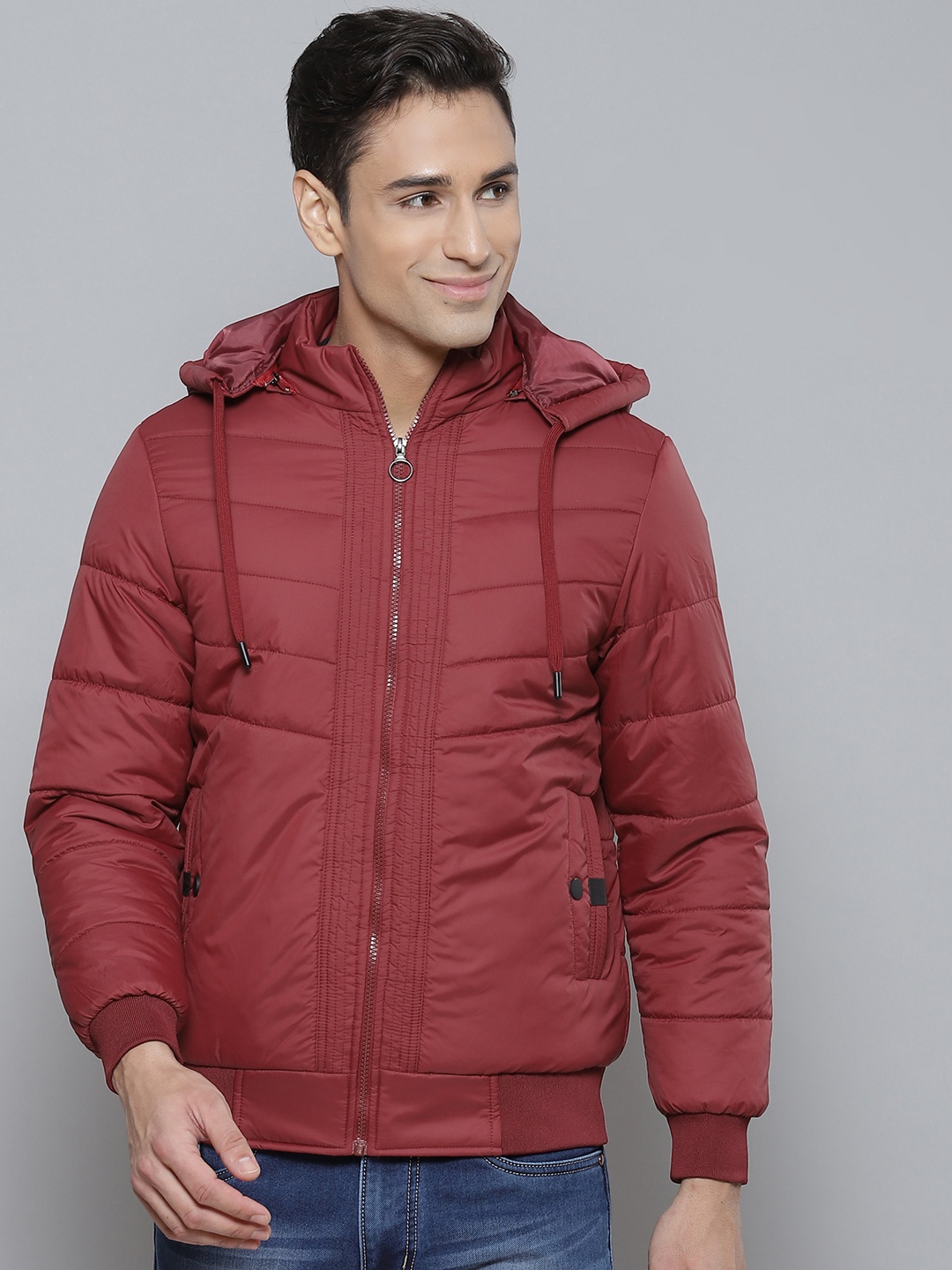 

Fort Collins Men Red Solid Hooded Bomber Jacket