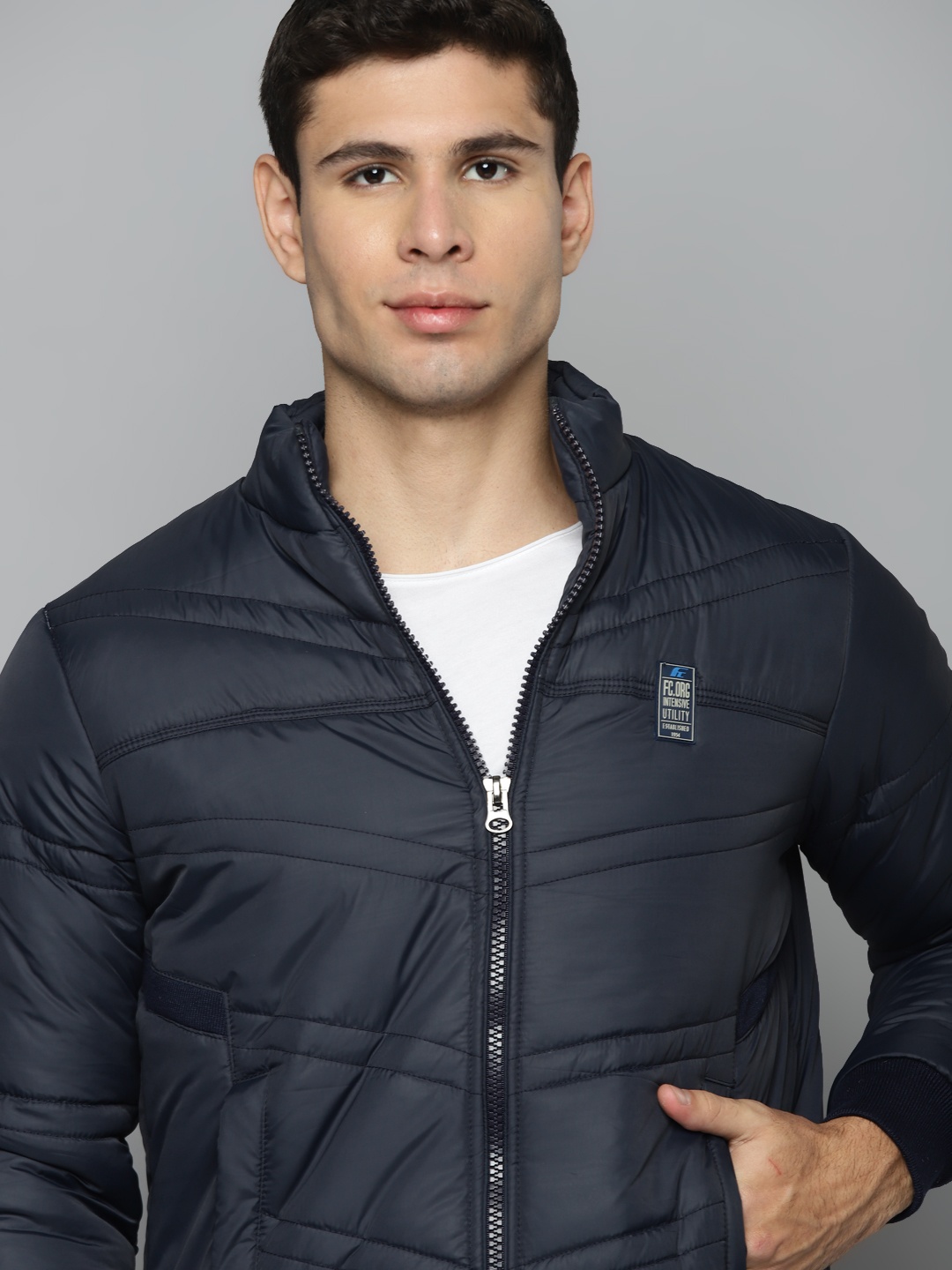 

Foreign Culture By Fort Collins Men Navy Blue Solid Padded Jacket