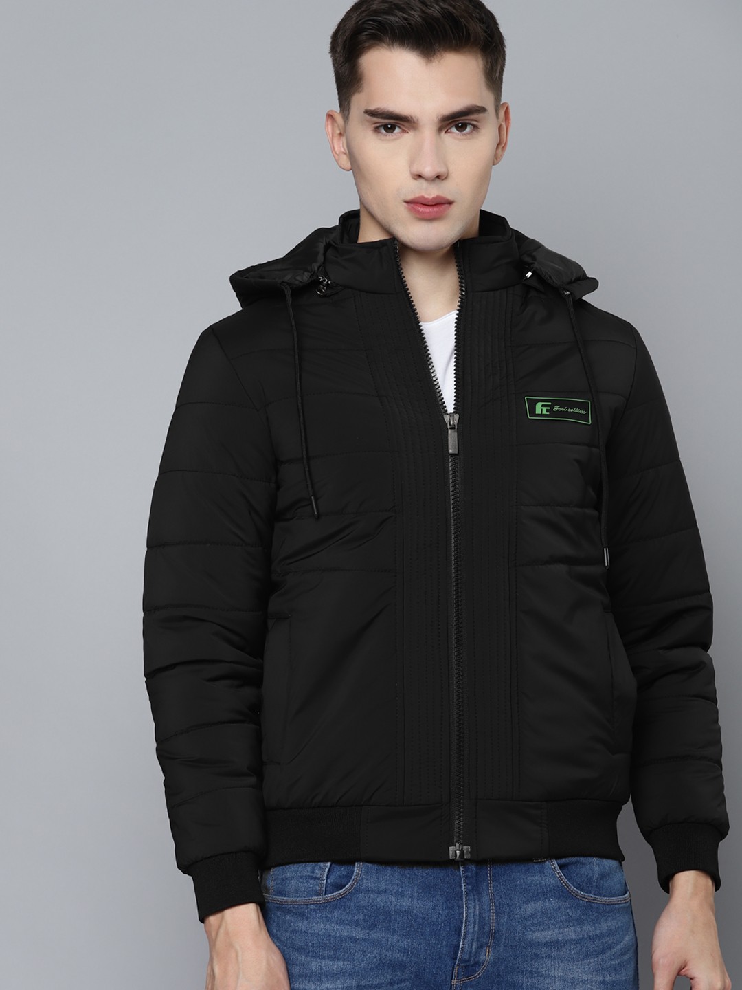 

Fort Collins Men Black Solid Padded Jacket with Detachable Hood