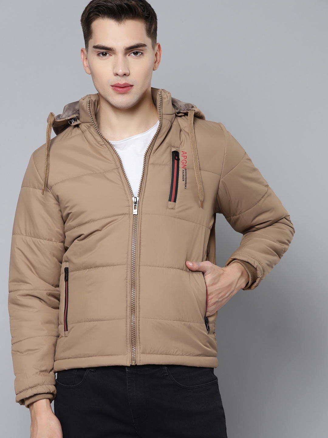 

Foreign Culture By Fort Collins Men Beige Solid Padded Jacket with Detachable Hood