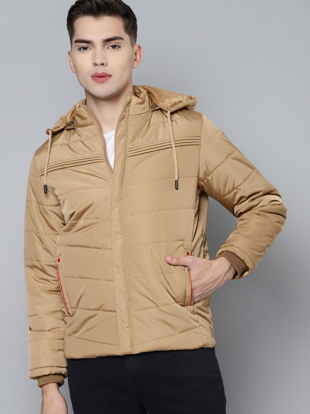 

Foreign Culture By Fort Collins Men Khaki Padded Jacket with Detachable Hood