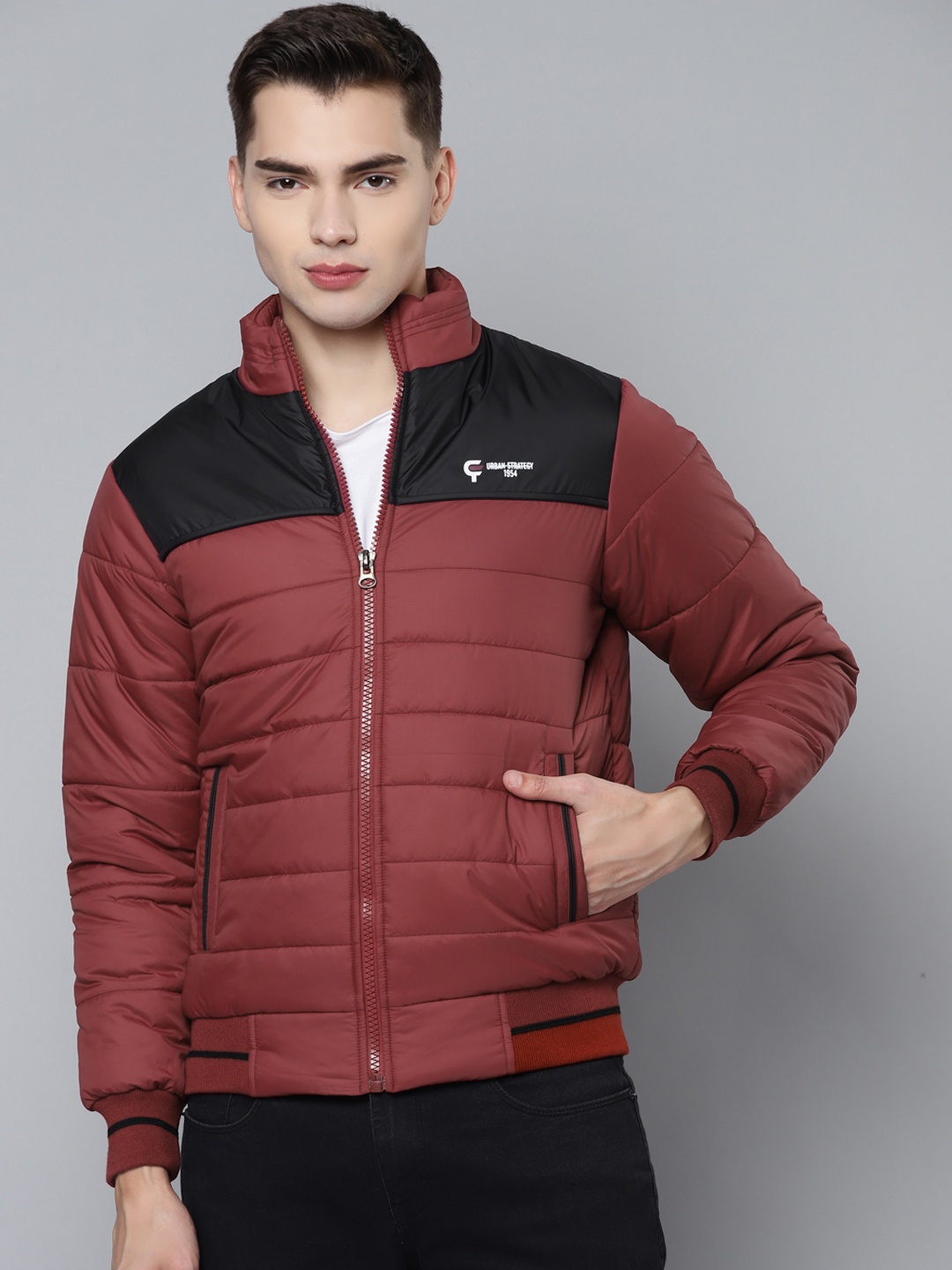 

Fort Collins Men Maroon & Black Colourblocked Bomber Jacket