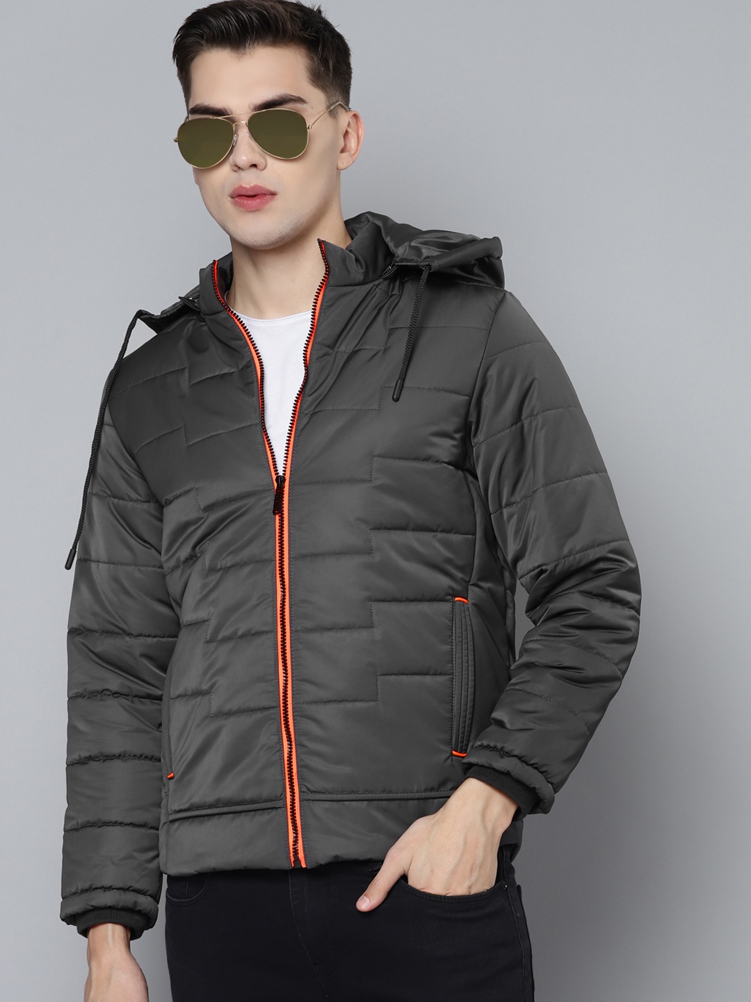 

Foreign Culture By Fort Collins Men Charcoal Grey Padded Jacket with Detachable Hood