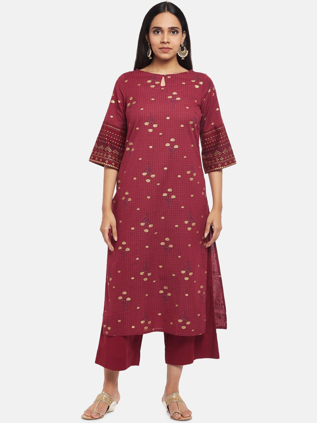 

RANGMANCH BY PANTALOONS Women Maroon Floral Printed Pure Cotton Kurta with Palazzos