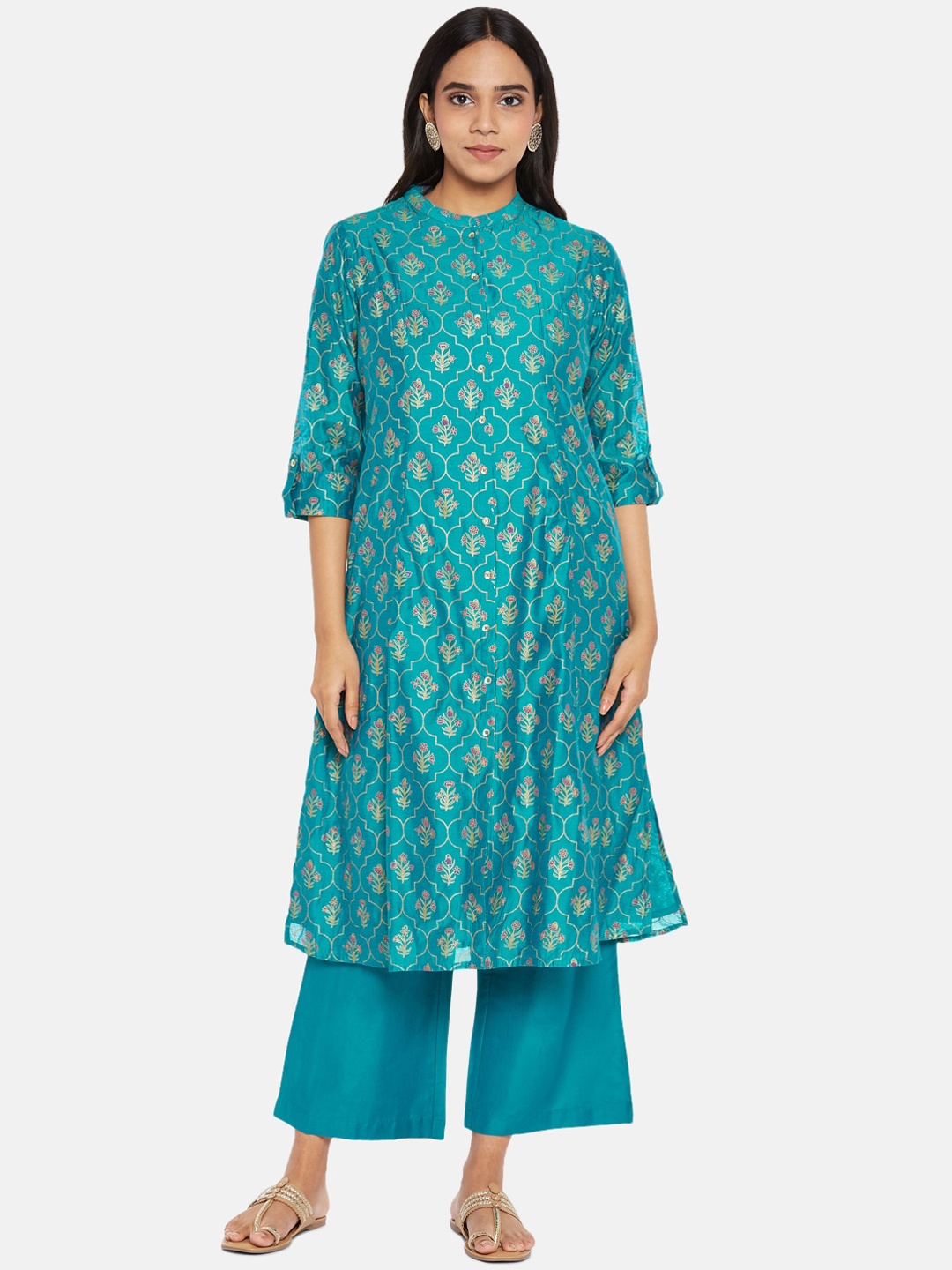 

RANGMANCH BY PANTALOONS Women Teal Blue & Pink Floral Chanderi Silk Kurta With Palazzos