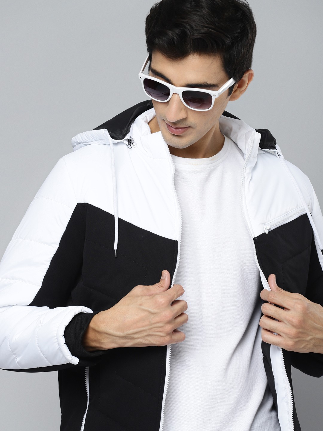 

Fort Collins Men Black White Colourblocked Padded Jacket with Detachable Hood