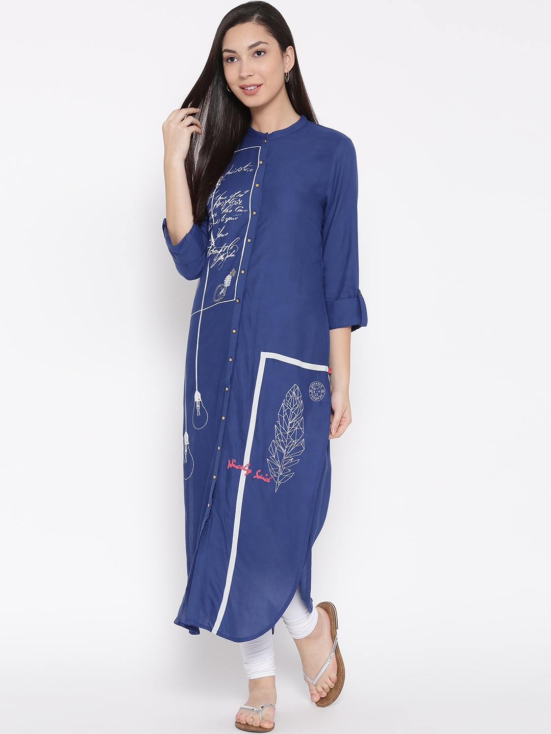 

W Women Blue Printed Straight Kurta