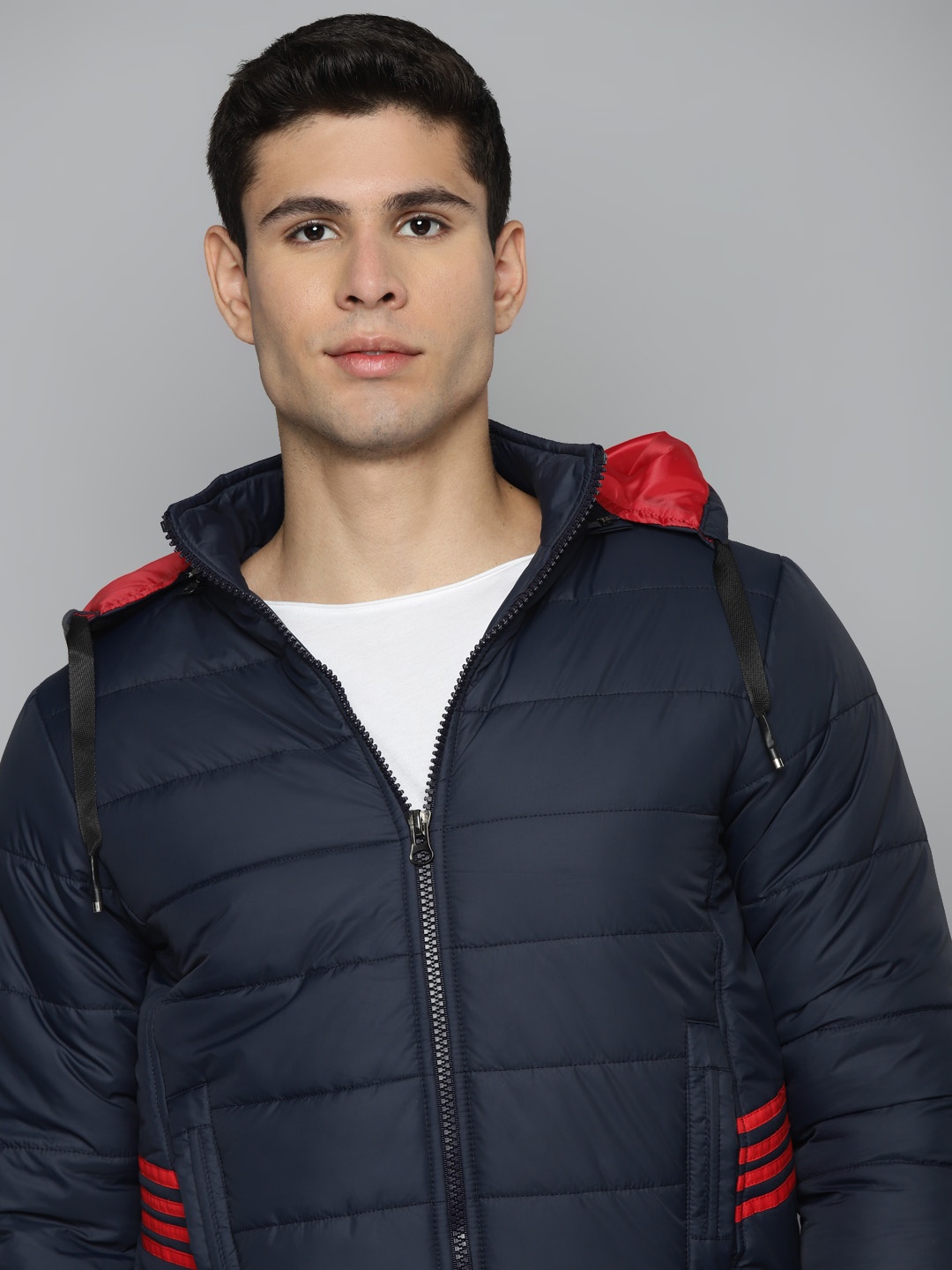 

Foreign Culture By Fort Collins Men Navy Blue Solid Padded Detachable Hood Jacket