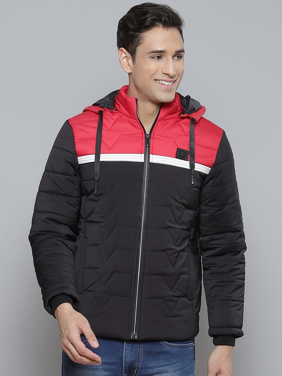 

Fort Collins Men Black & Red Colourblocked Padded Jacket with Detachable Hood