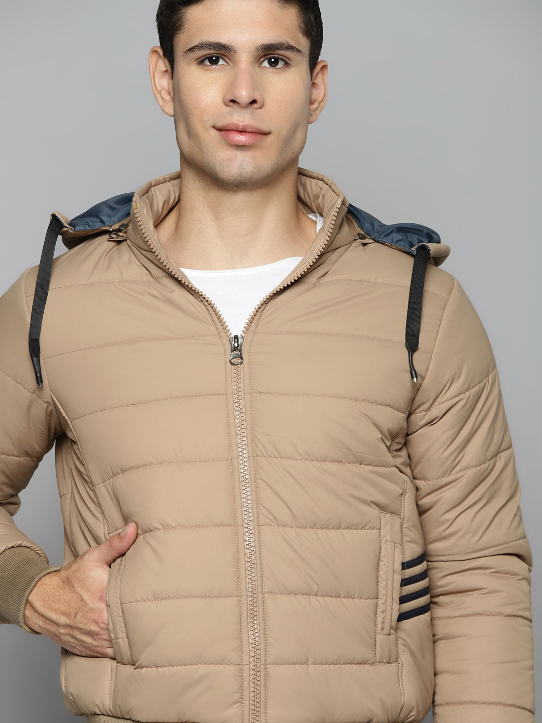 

Foreign Culture By Fort Collins Men Beige Solid Padded Detachable Hood Jacket