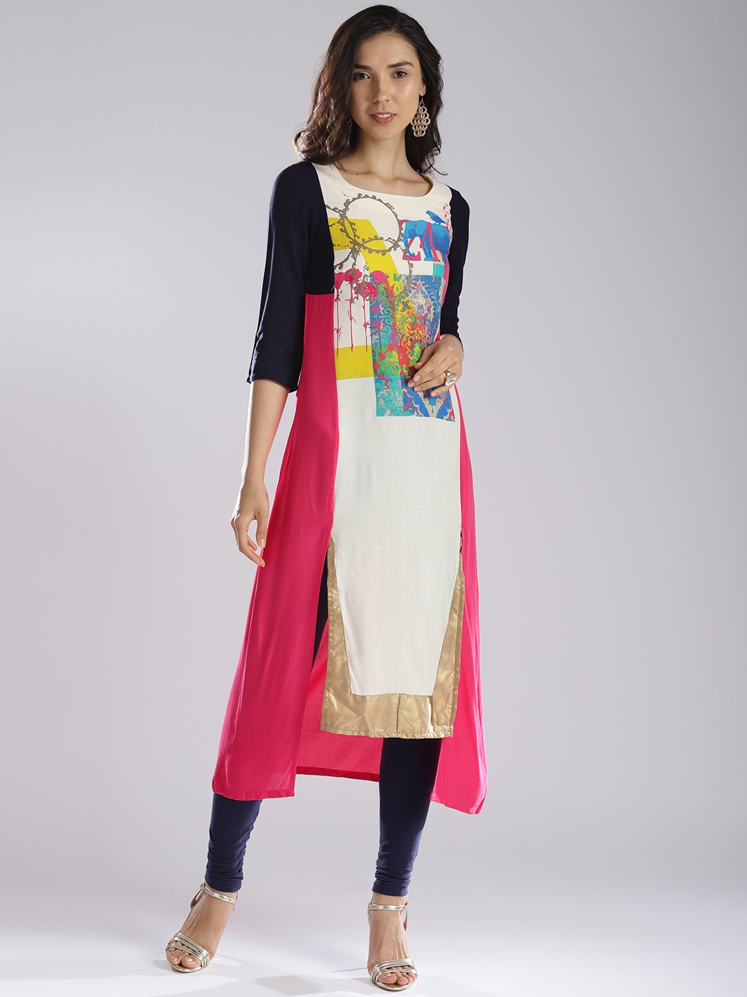 

W Women Pink & Off-White Quirky Print A-Line Asymmetric Kurta