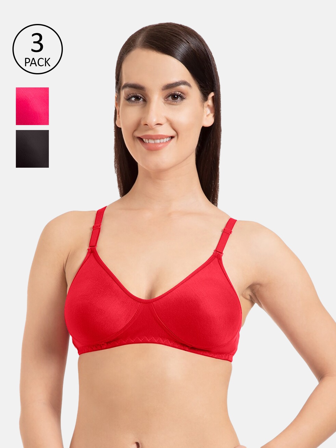 

KOMLI Women Red, Magenta &Black Pack of 3 Full Coverage T-shirt Bra- K-9121-3PC-RD-DPK-BLK