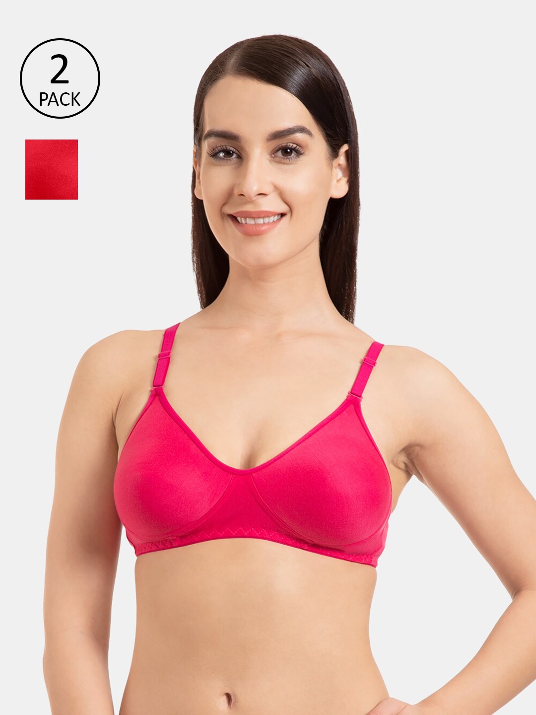 

KOMLI Pack of 2 Pink & Red Solid Non Wired Full Coverage T-shirt Bra K-9121-DPK-2PC-RD