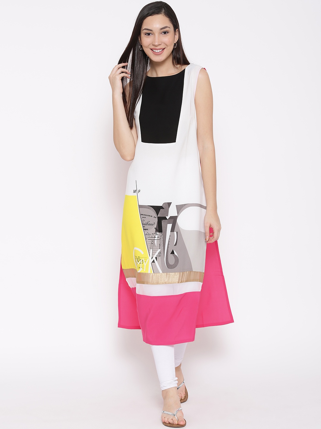 

W Women Off-White & Pink Printed Straight Kurta