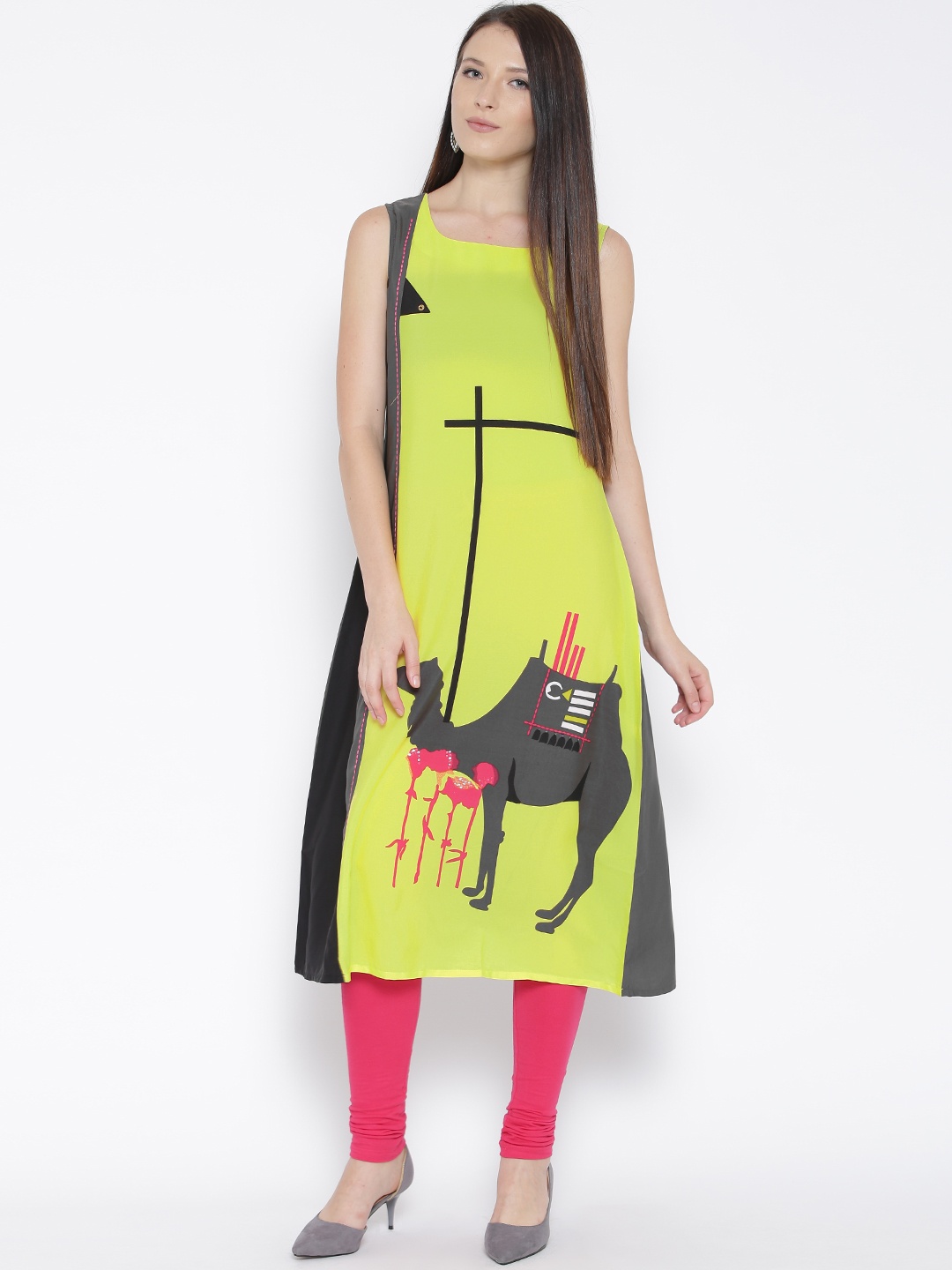 

W Lime Green & Grey Printed A-Line Kurta