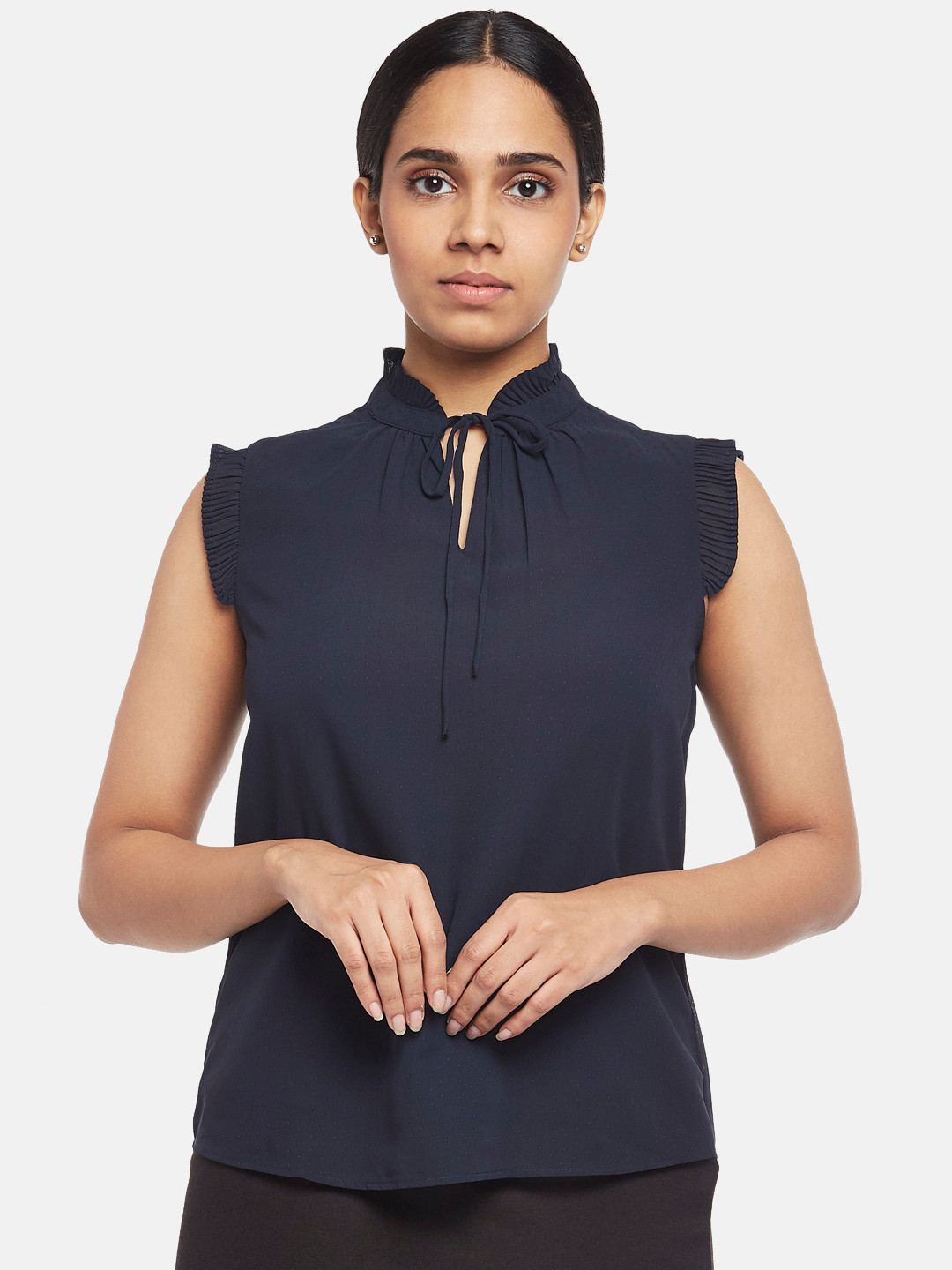 

Annabelle by Pantaloons Navy Blue Tie-Up Neck Regular Top