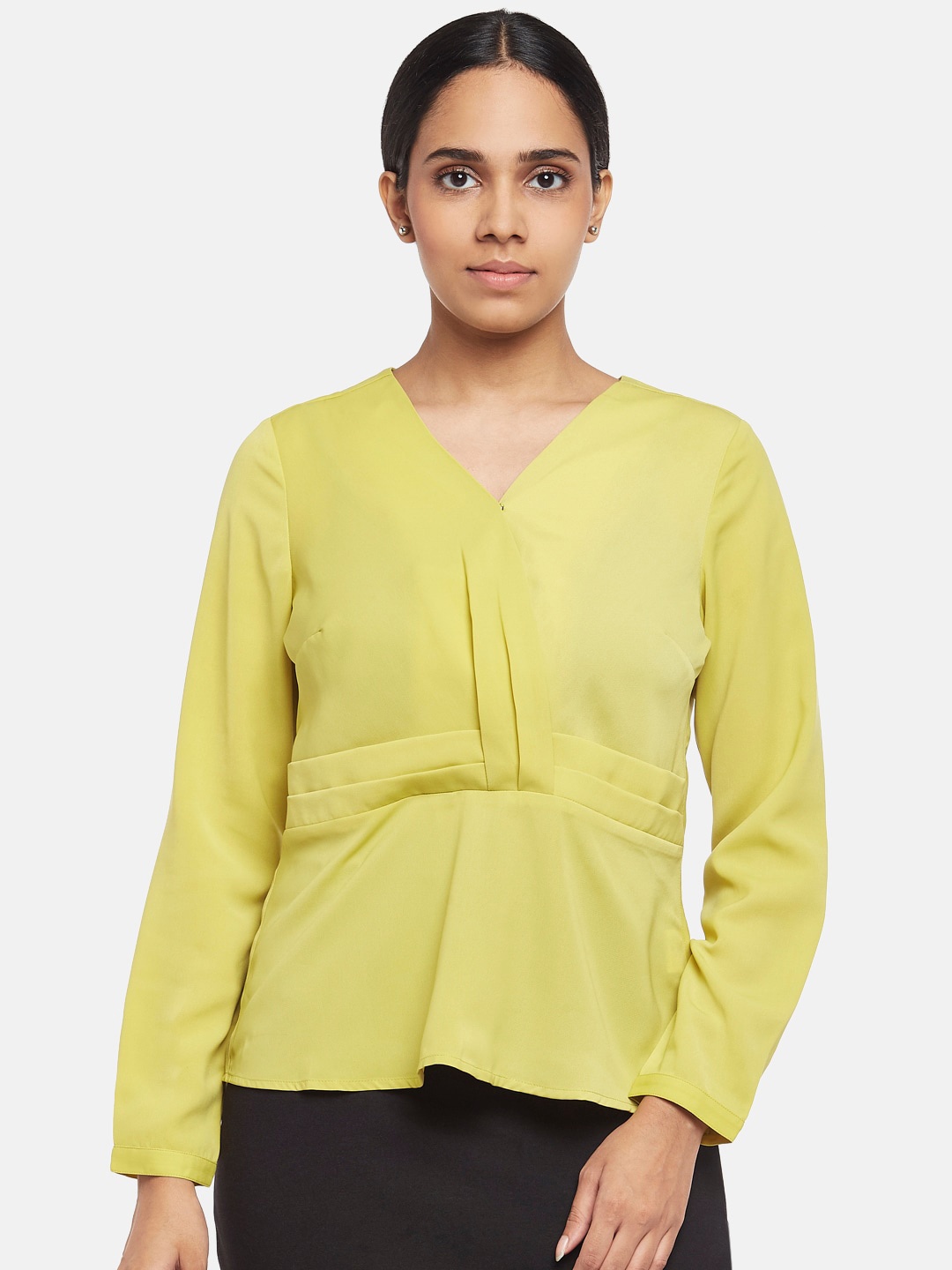 

Annabelle by Pantaloons Lime Green Solid Pleated Regular Top