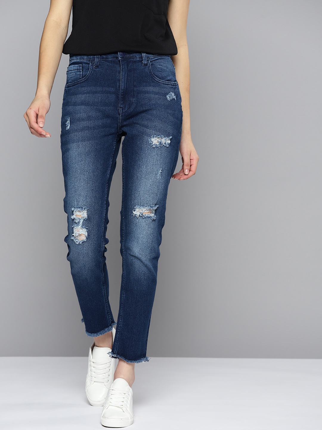 

Mast & Harbour Women Boyfriend Fit Light Fade Distressed Jeans, Blue