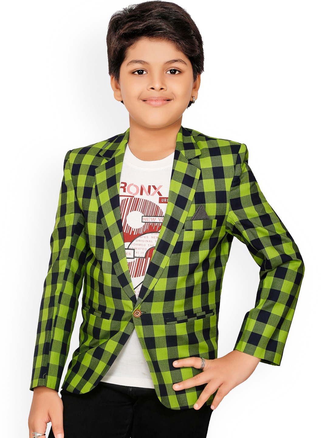 

RIKIDOOS Boys Green & Navy Blue Cotton Single-Breasted Blazer