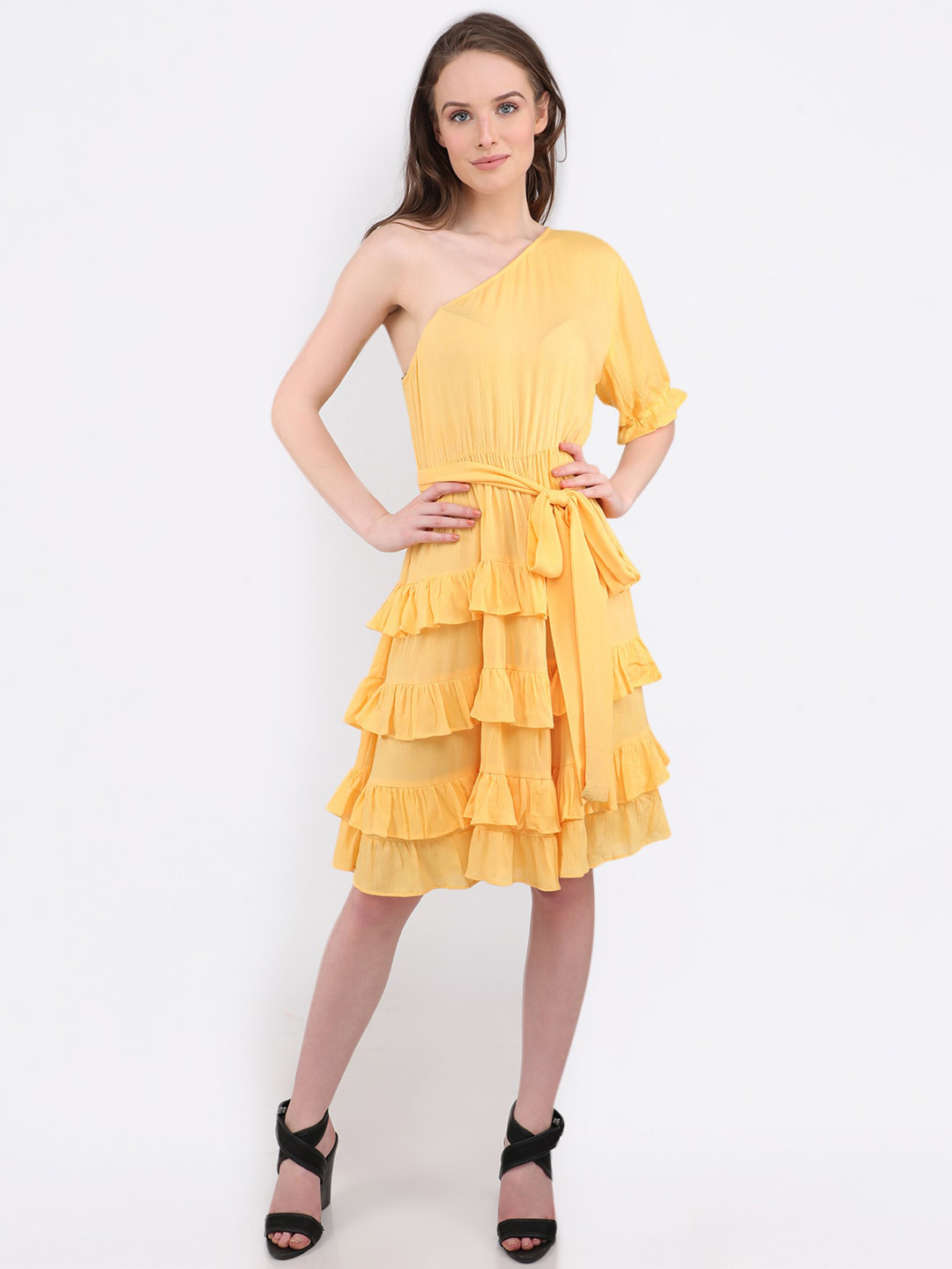 

MARC LOUIS Women Yellow Solid Fit & Flare Ruffle Dress