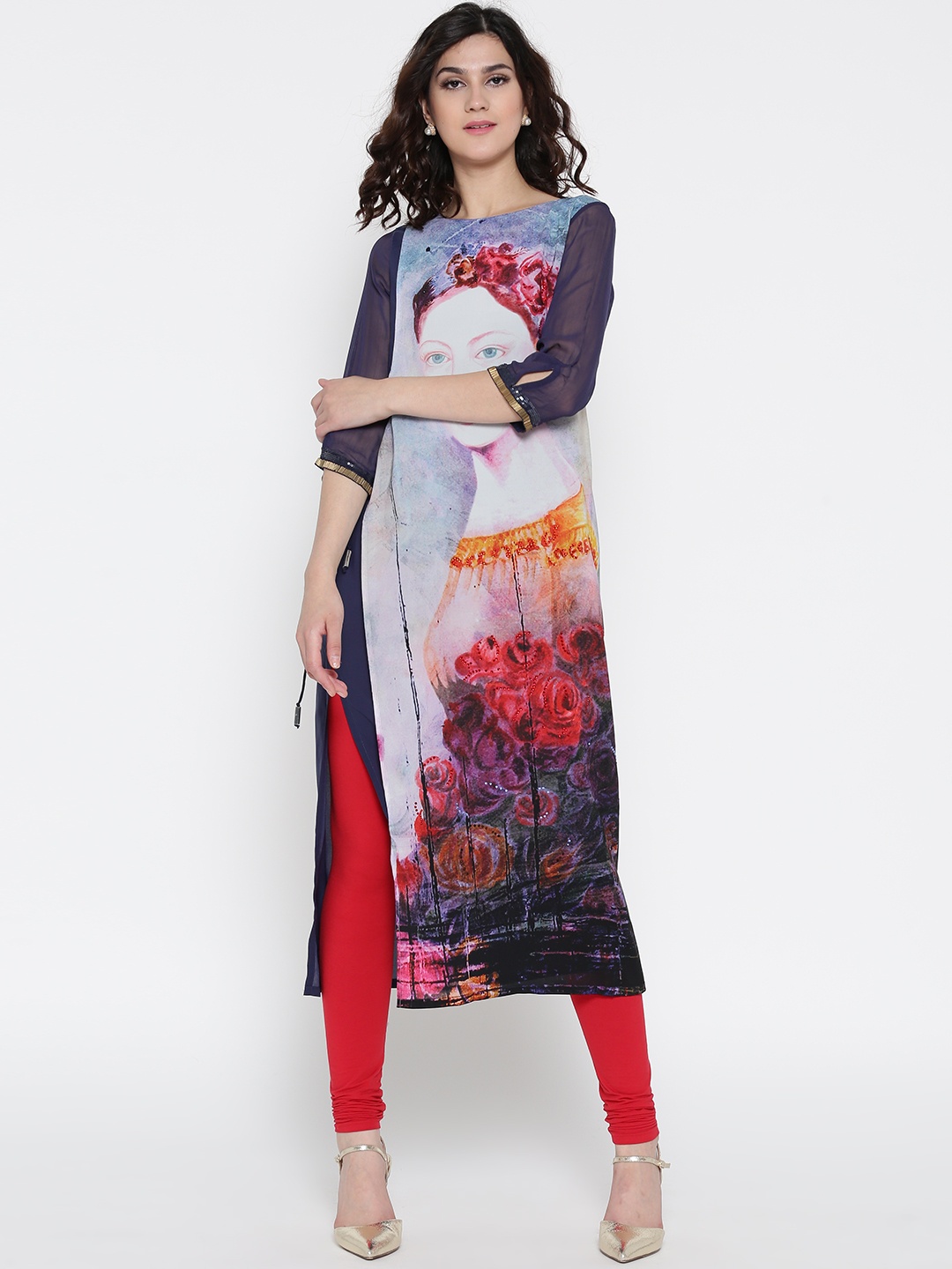

WISHFUL by W Women Navy & Pink Printed Straight Kurta, Navy blue