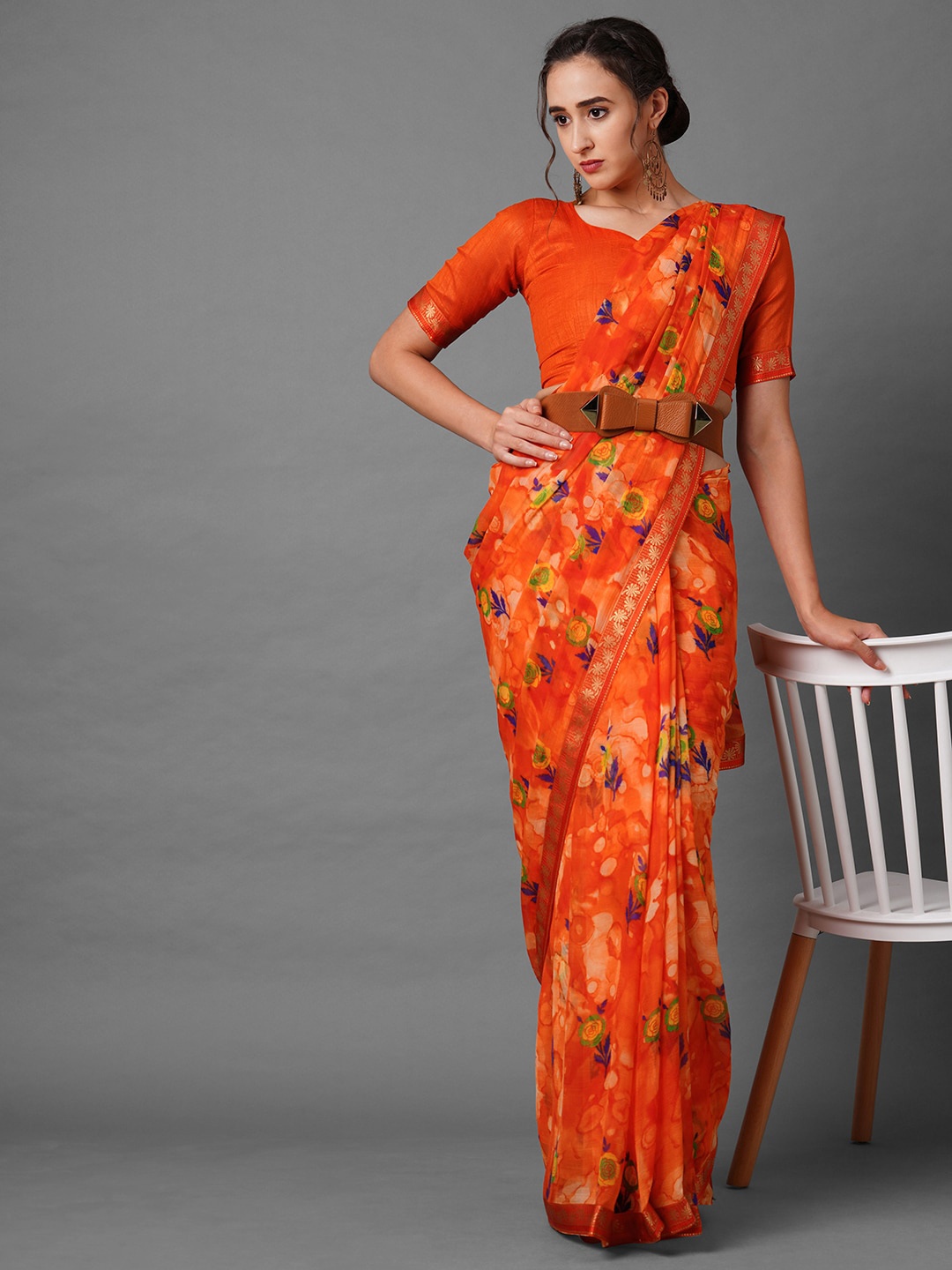 

Mitera Orange & Blue Floral Saree