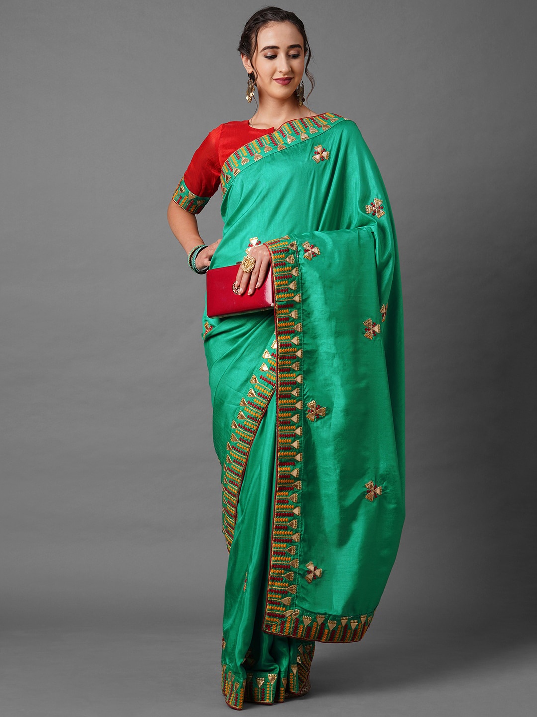 

Mitera Green & Yellow Gotta Patti Silk Blend Saree