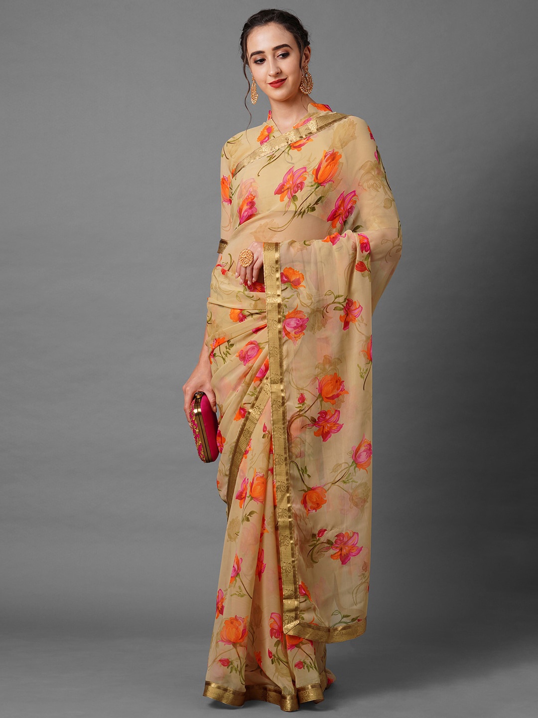 

Mitera Beige & Orange Floral Printed Saree