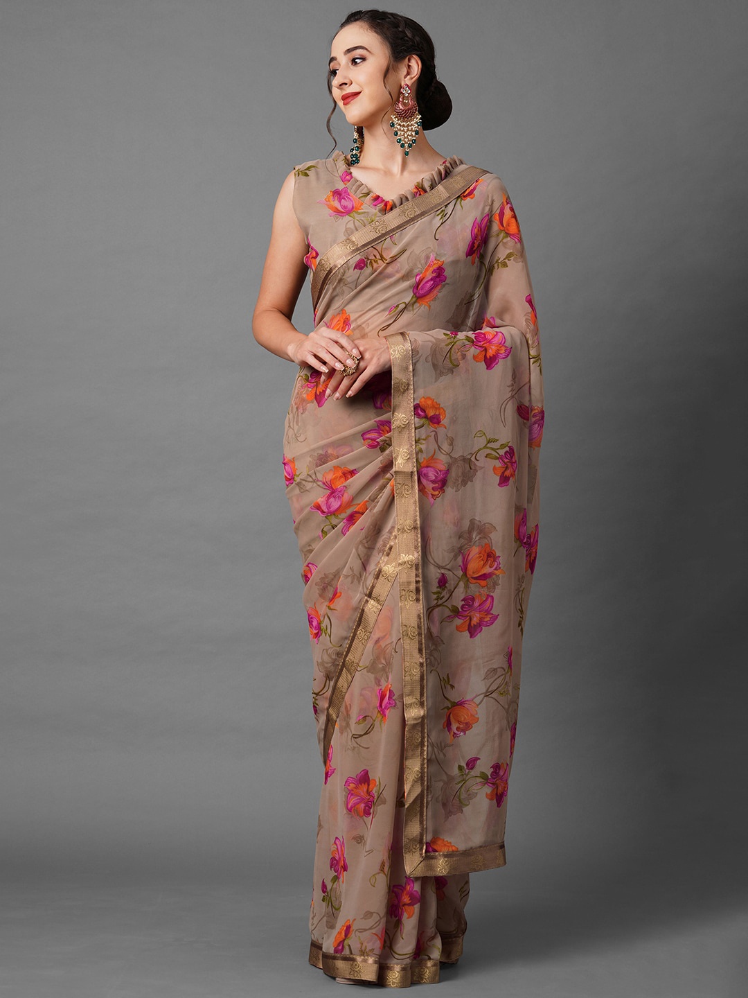 

Mitera Brown & Fuchsia Floral Zari Saree