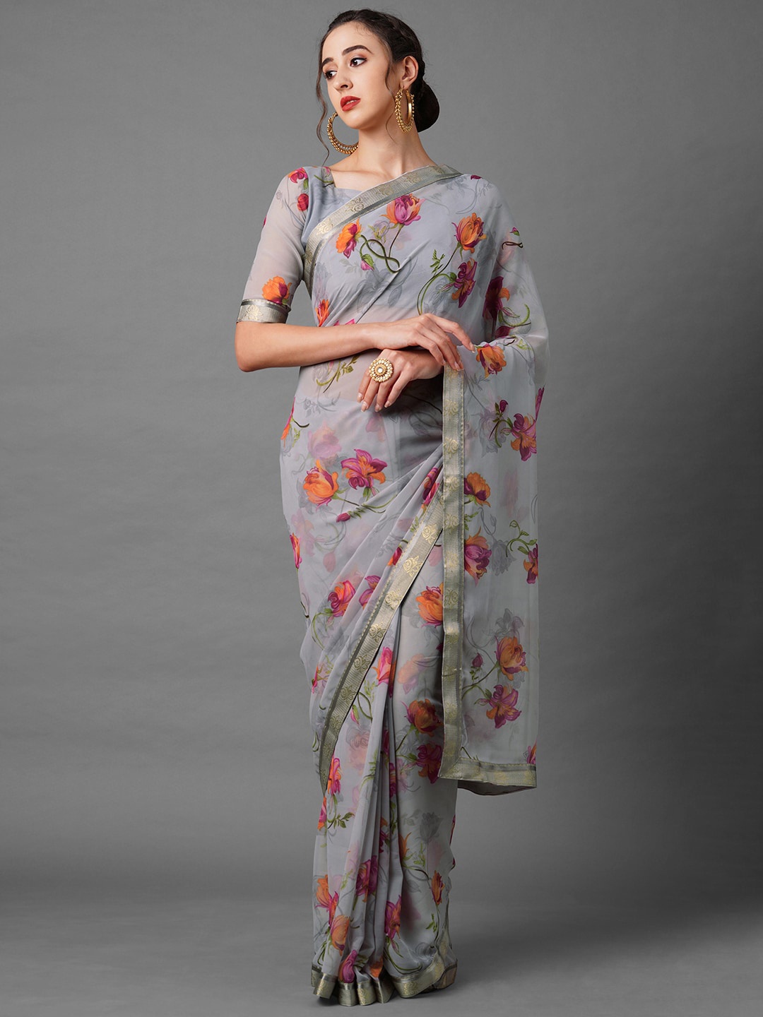 

Mitera Grey & Red Floral Zari Saree