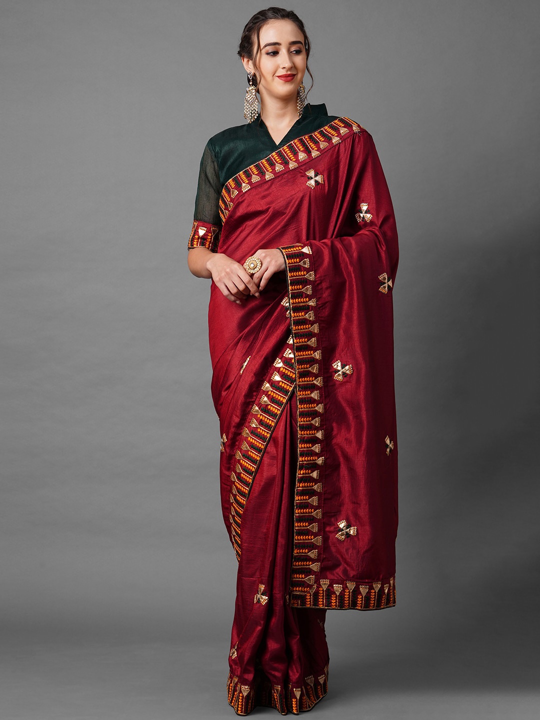 

Mitera Maroon & Beige Embellished Gotta Patti Silk Blend Saree