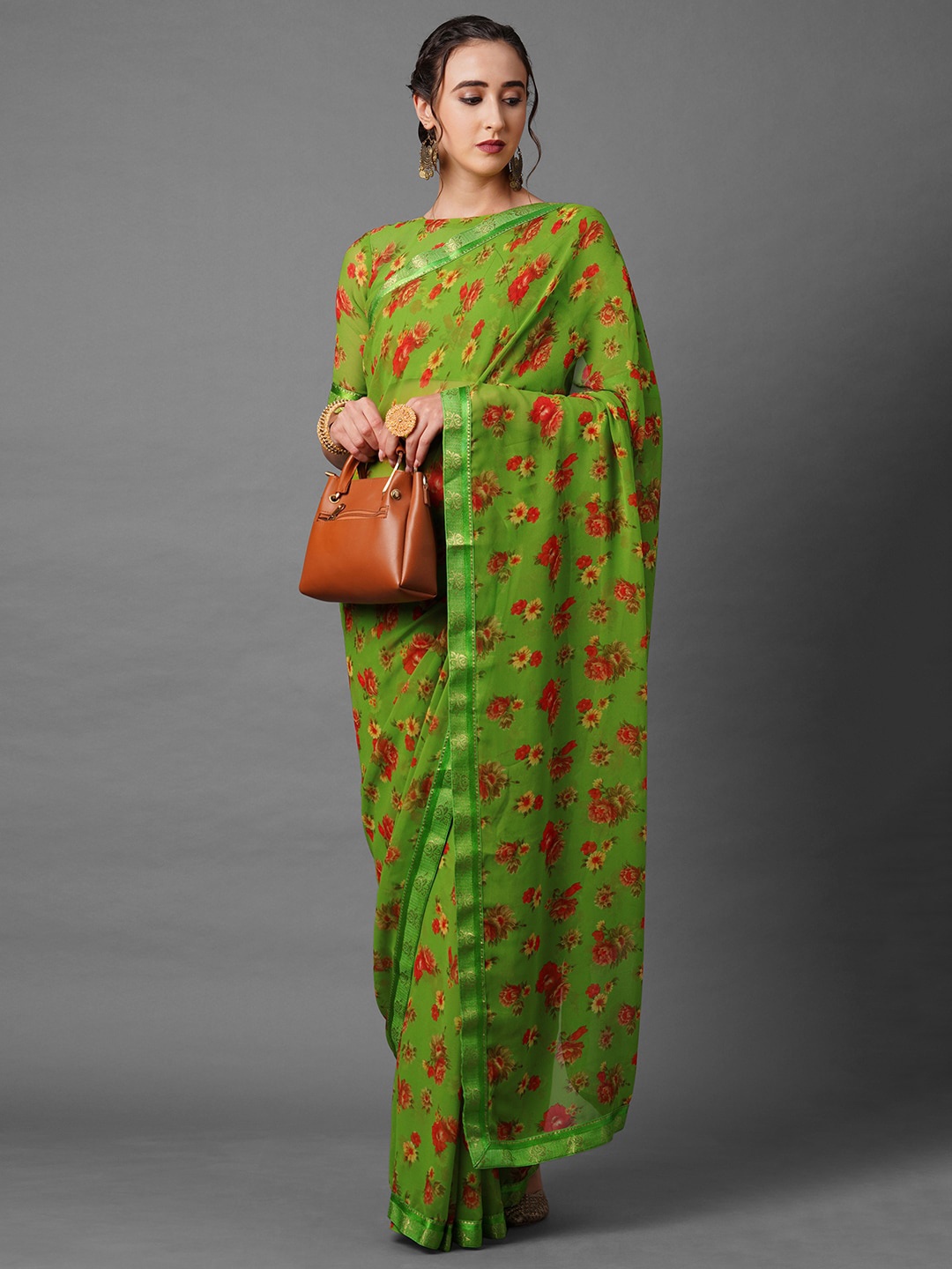 

Mitera Green & Red Floral Zari Saree