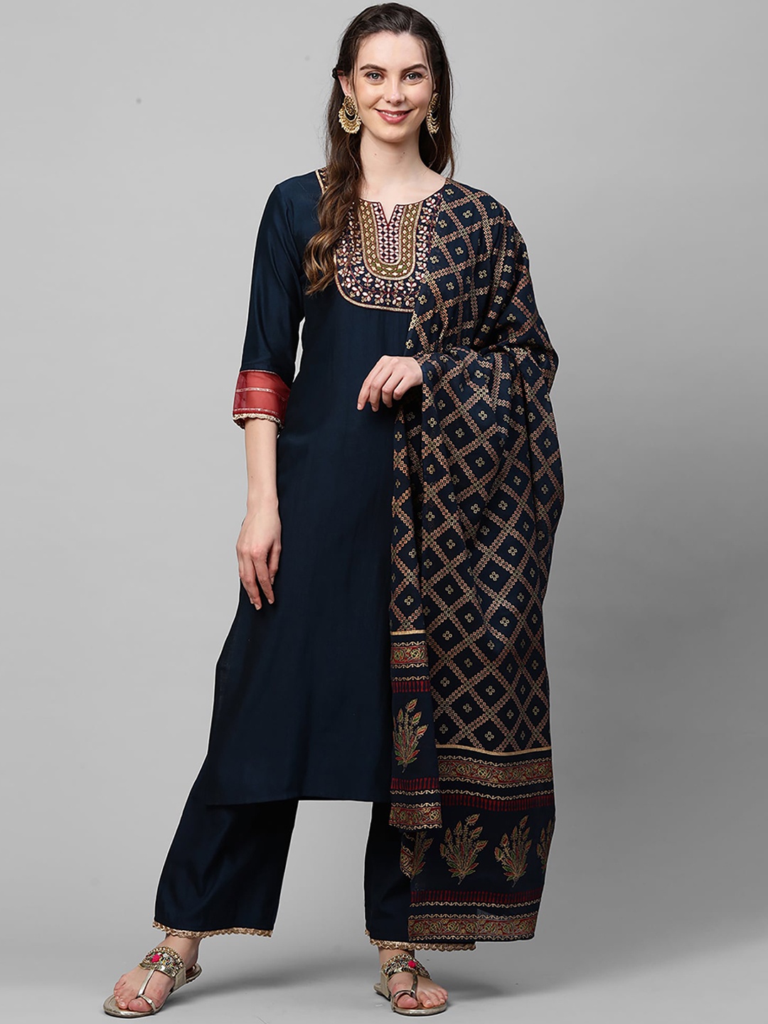 

Indo Era Women Navy Blue Floral Yoke Design Regular Thread Work Liva Kurta with Palazzos & With Dupatta