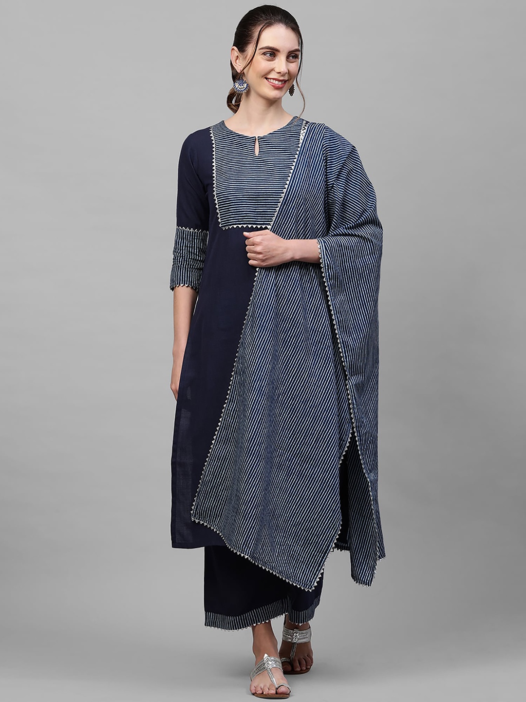 

Indo Era Women Navy Blue Yoke Design Regular Kurta with Palazzos & With Dupatta