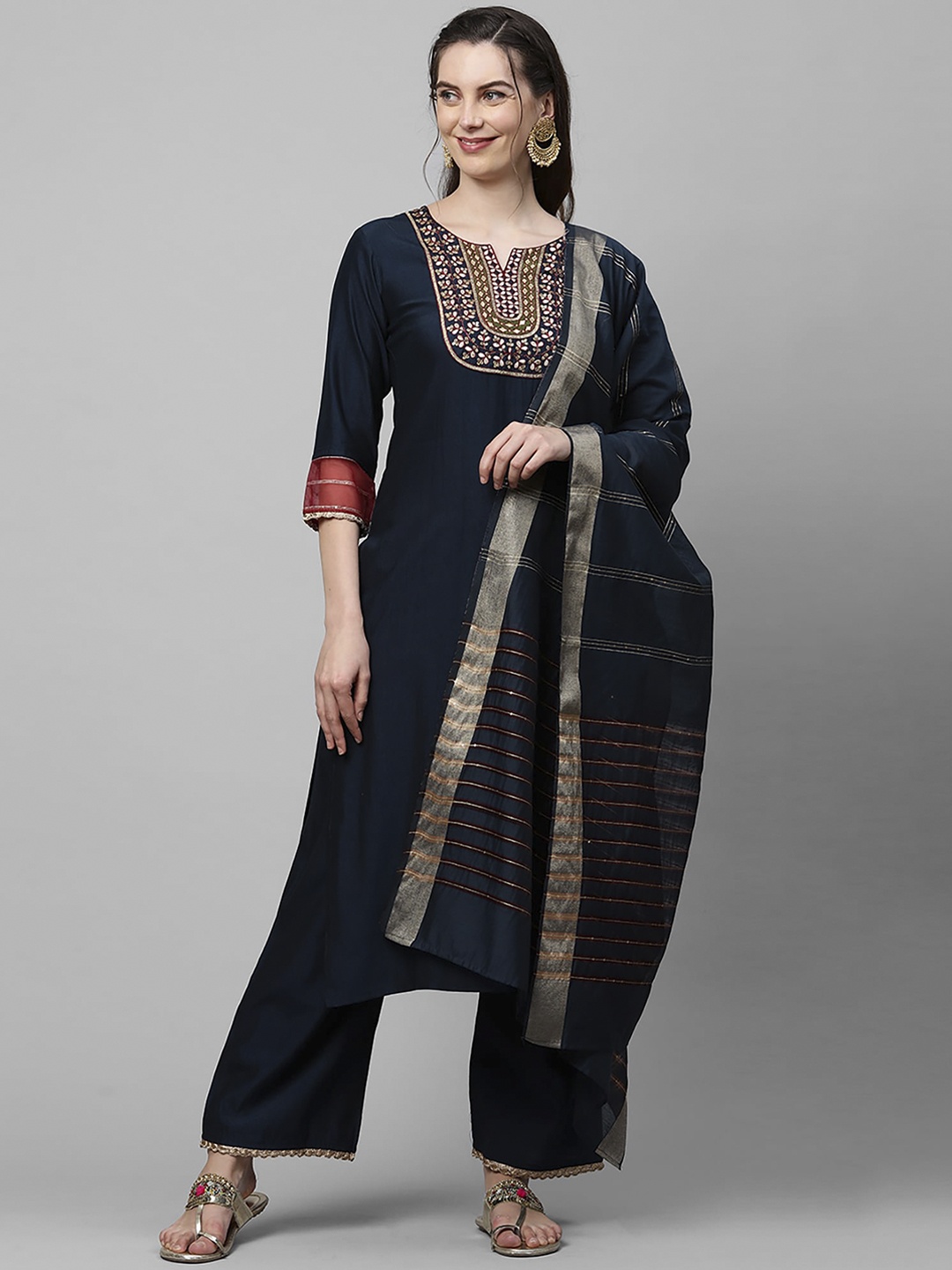 

Indo Era Women Navy Blue Floral Yoke Design Regular Liva Kurta with Palazzos & With Dupatta