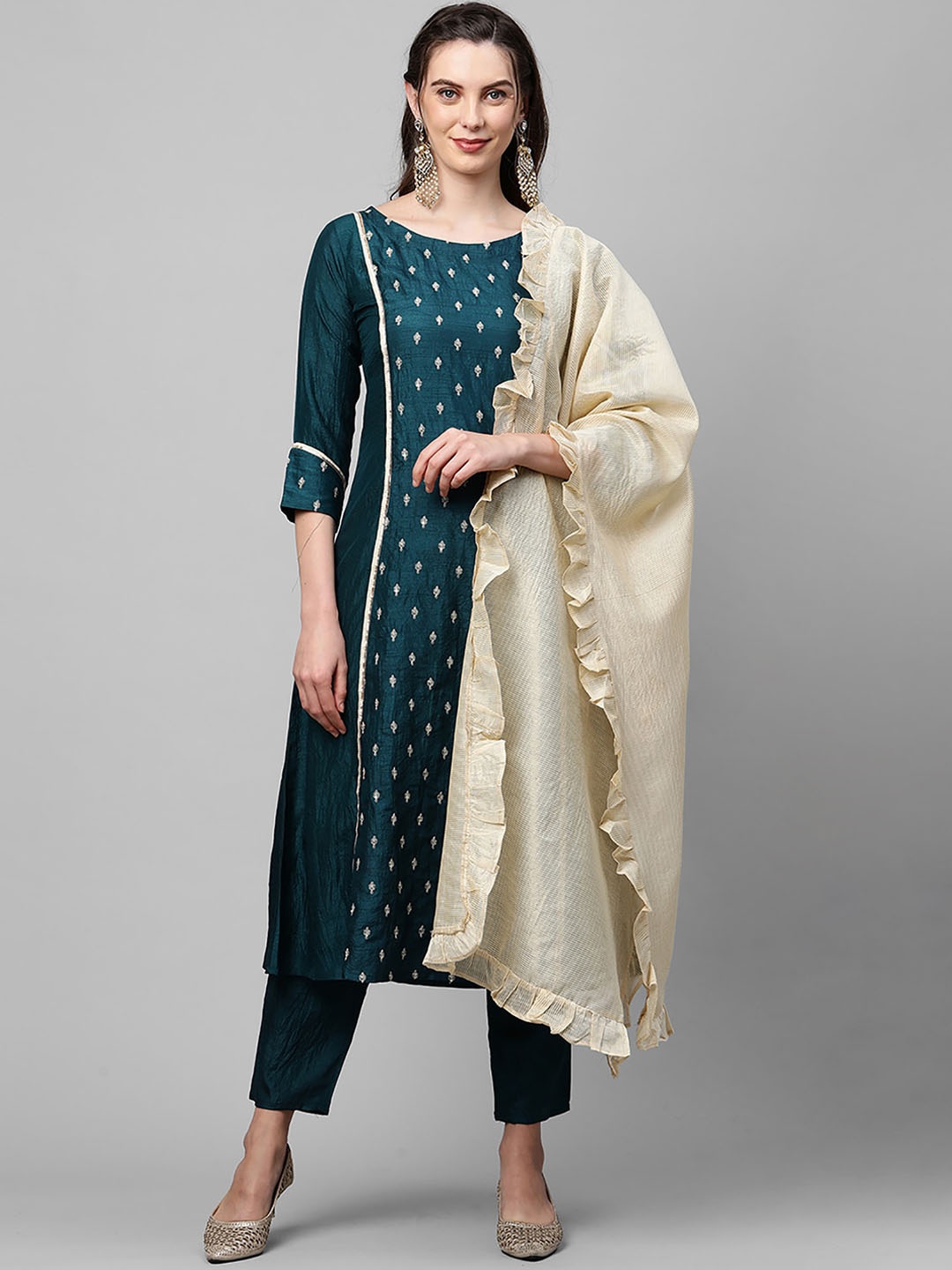 

Indo Era Women Teal Ethnic Motifs Embroidered Regular Thread Work Kurta with Trousers & With Dupatta