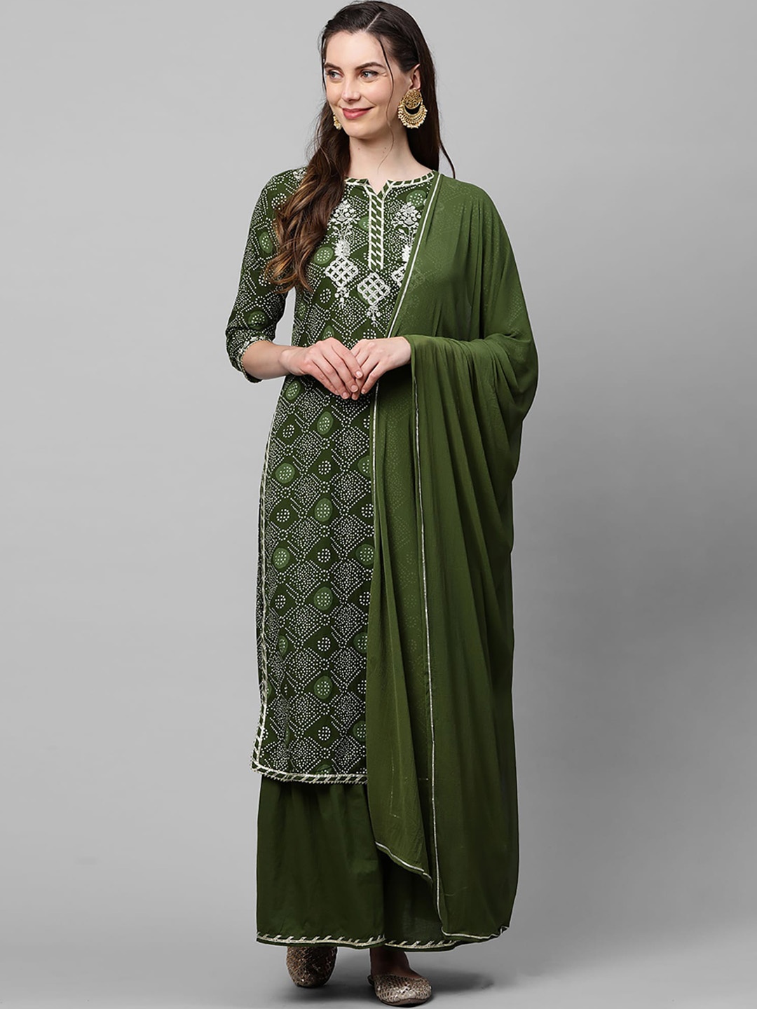 

Indo Era Women Green Bandhani Printed Regular Thread Work Kurta with Sharara & With Dupatta