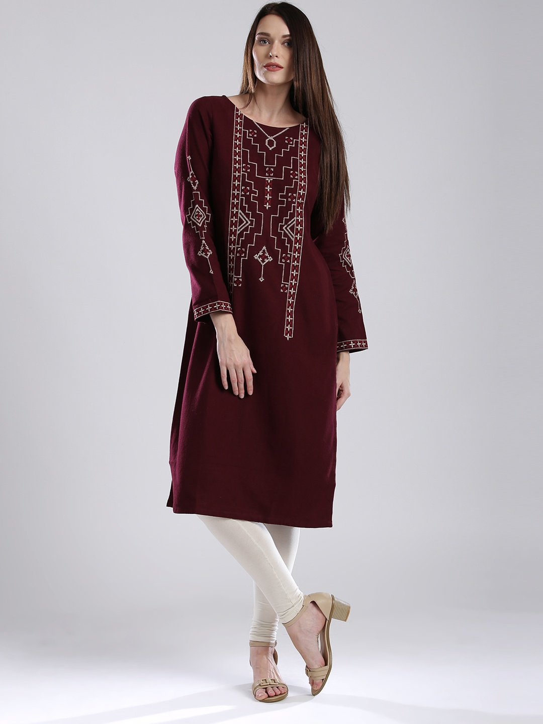 

W Women Burgundy Embroidered Straight Kurta