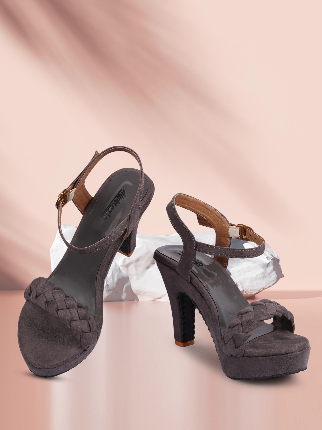 

Alishtezia Grey Embellished Suede Block Sandals