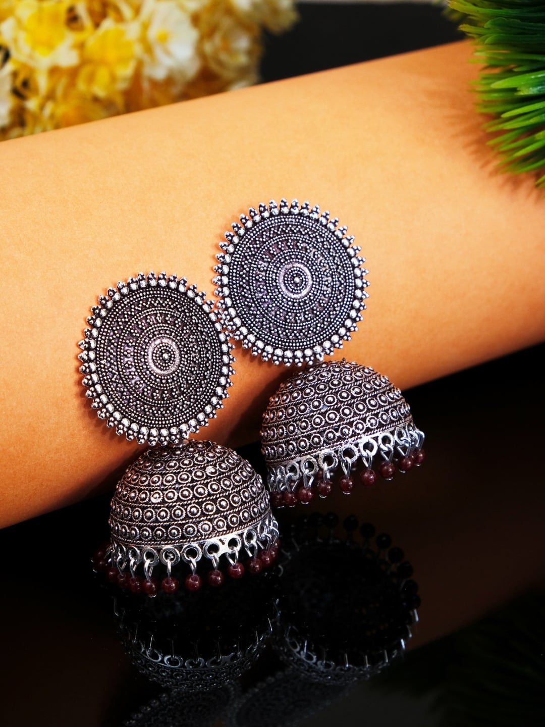 

Crunchy Fashion Maroon Silver-Plated Contemporary Jhumkas Earrings
